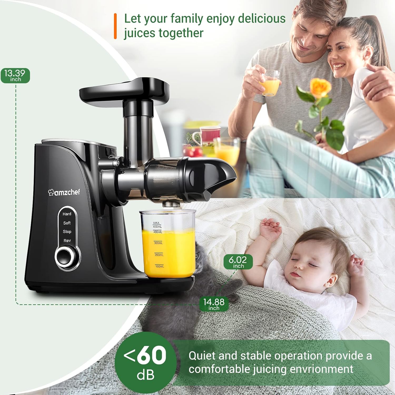 Amzchef Spremiagrumi Frutta e Verdura - Slow Juicer Nero - immagine 8