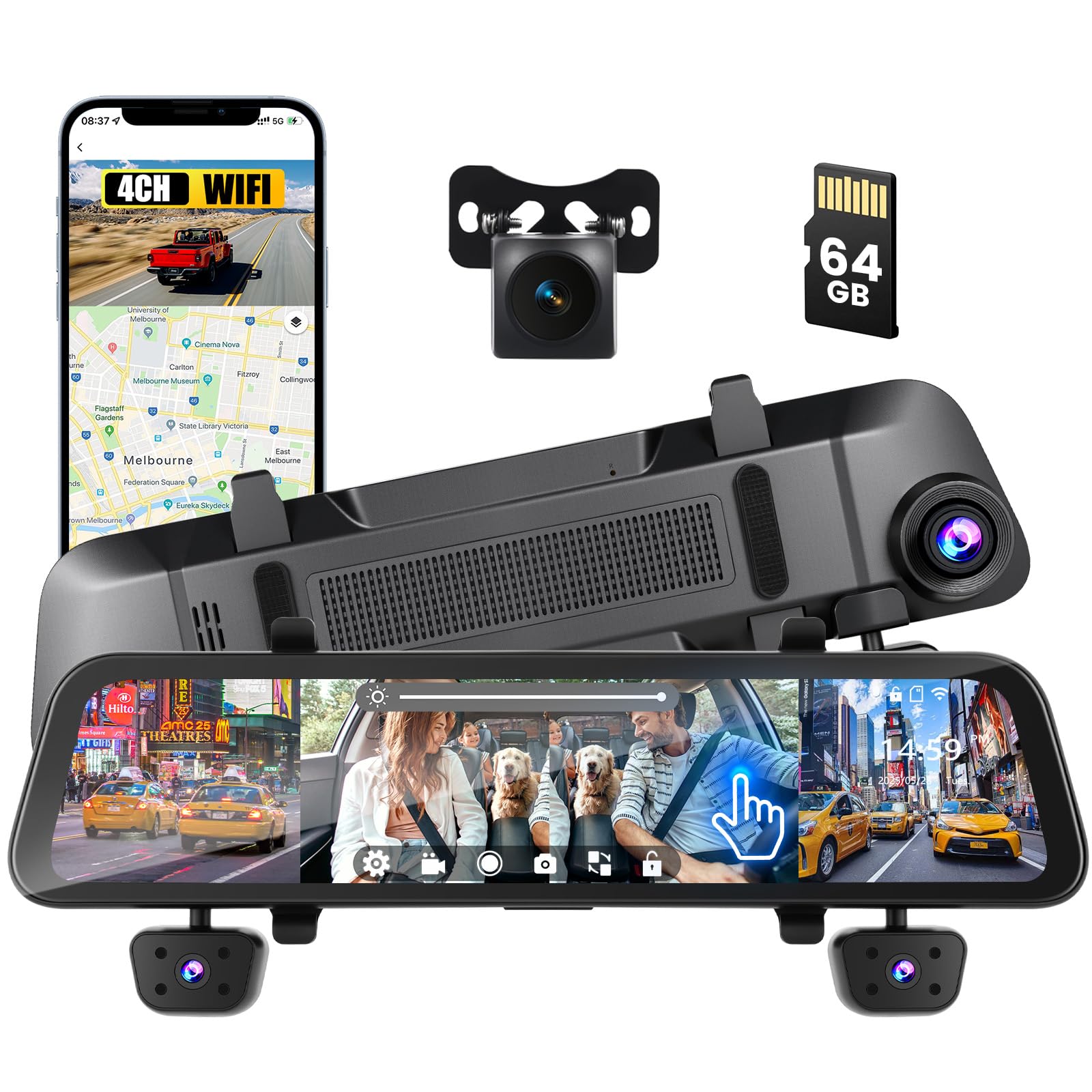 Dash Cam Auto Specchio Retrovisore 12" Touchscreen 4 Canali