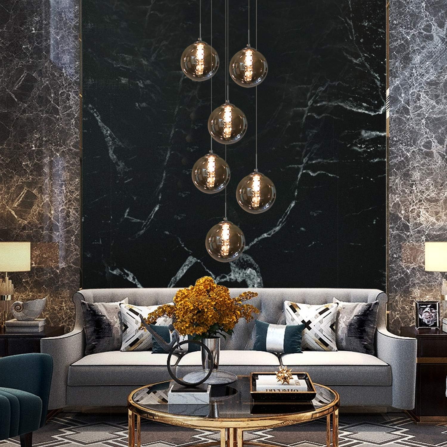 Lampada a Sospensione Moderna 6 Luci in Vetro Grigio - immagine 3