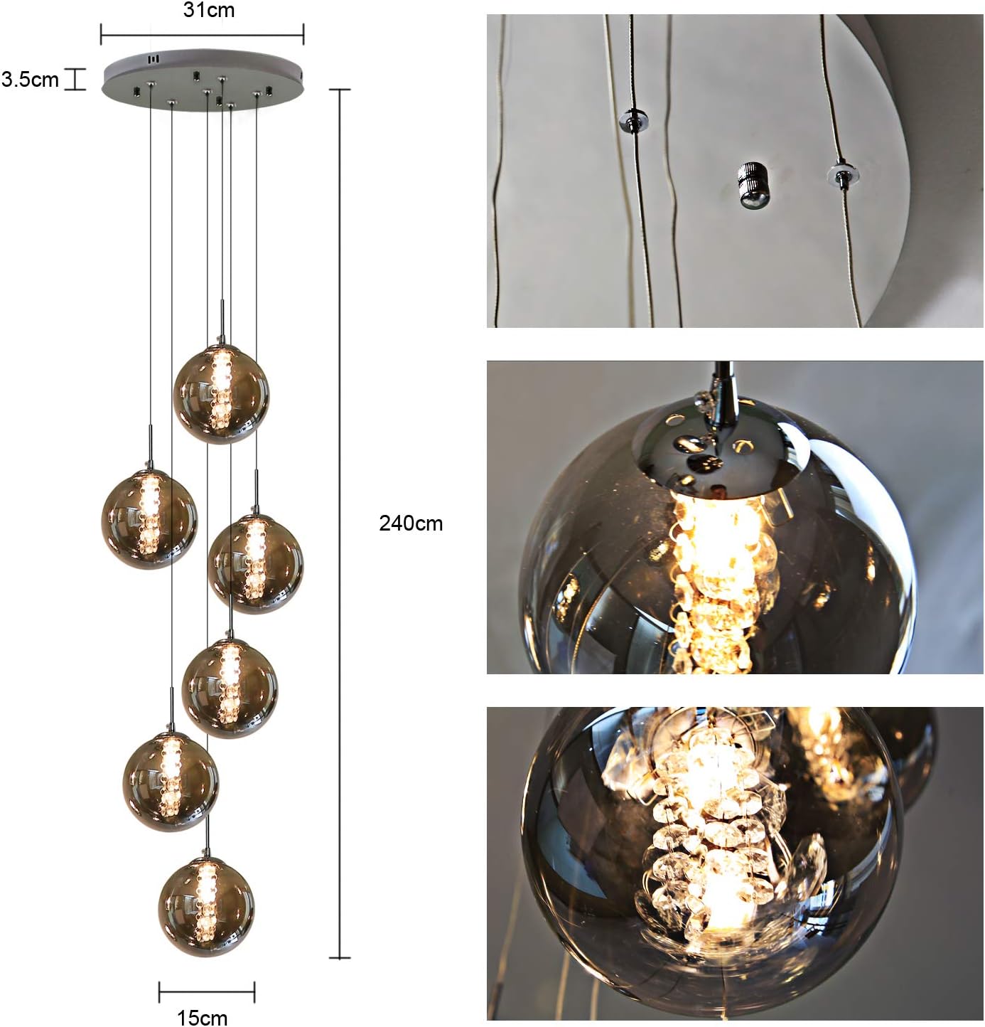 Lampada a Sospensione Moderna 6 Luci in Vetro Grigio - immagine 4