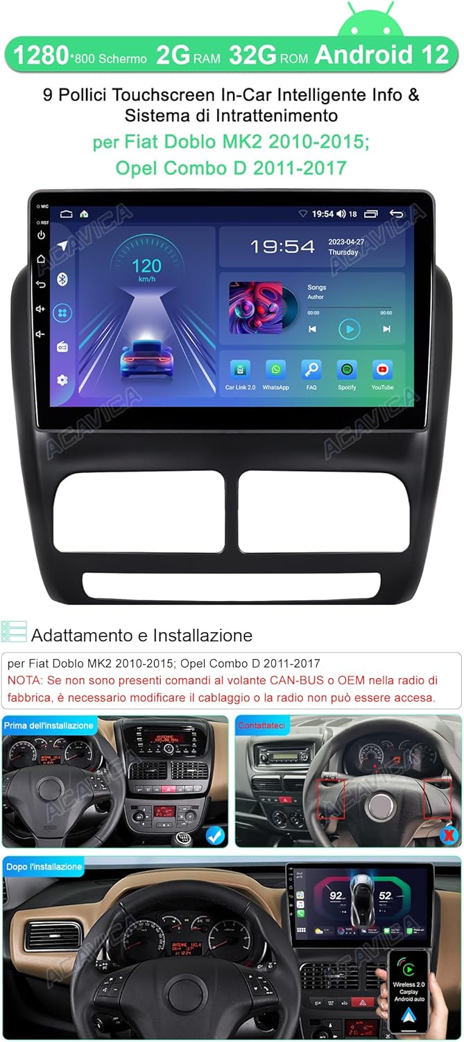 Autoradio Android 14 10.1" per Fiat Doblo MK2 2+64GB - immagine 2
