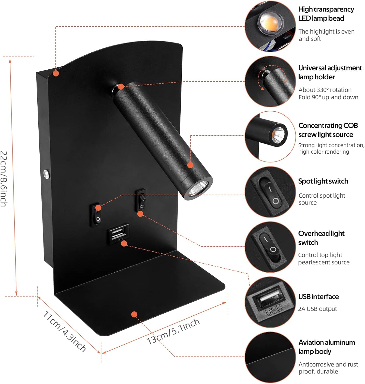 Applique LED da Parete Interno 12W con USB (2pz) - immagine 5