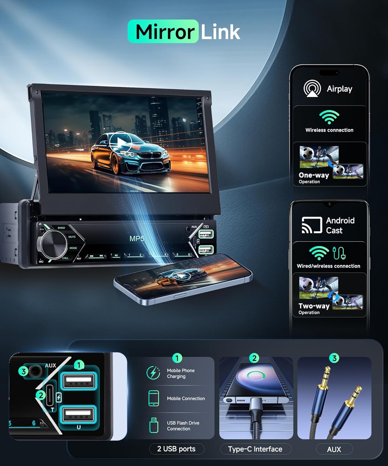 Vechtel Autoradio 1 Din Carplay Android Auto Wireless 7" - immagine 3