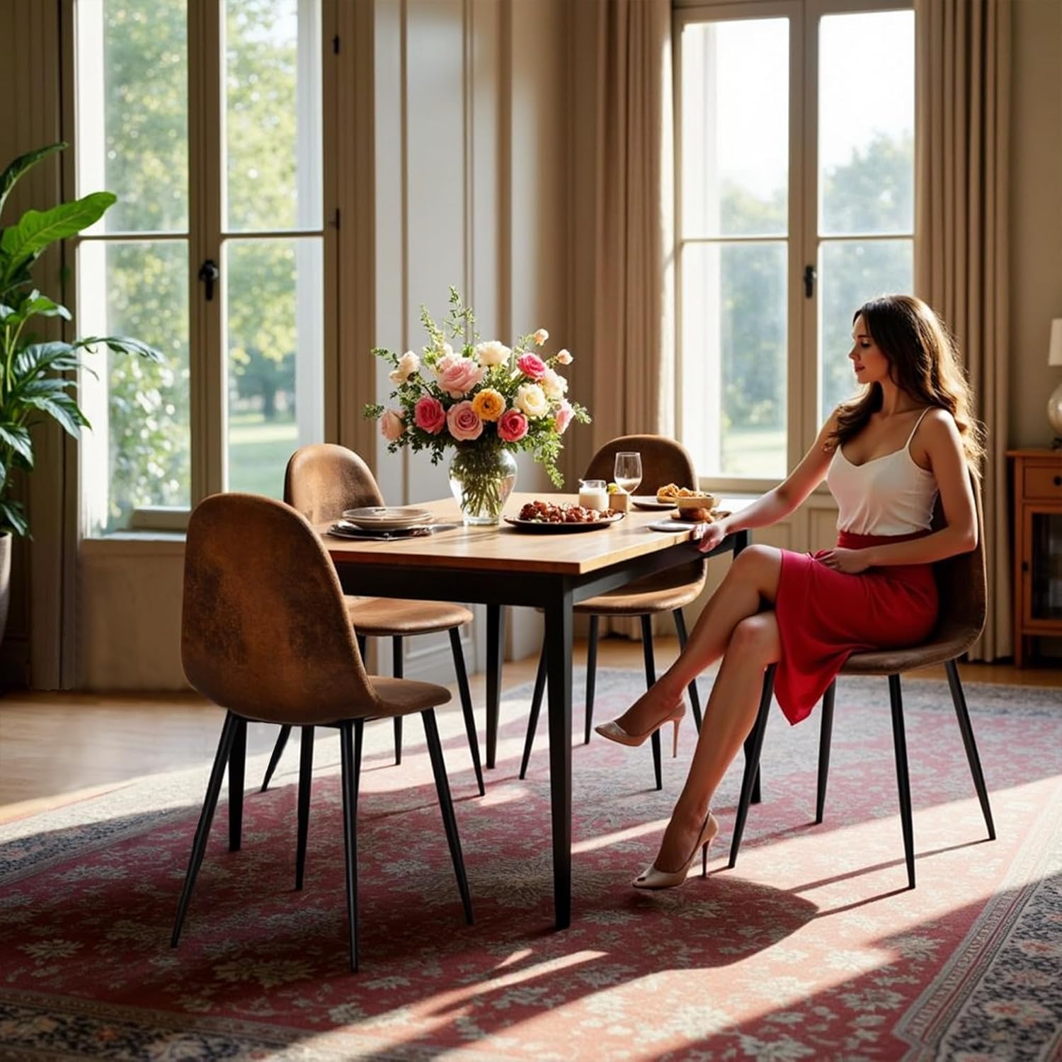 Furniturer Set 4 Sedie da Pranzo Imbottite - Marrone