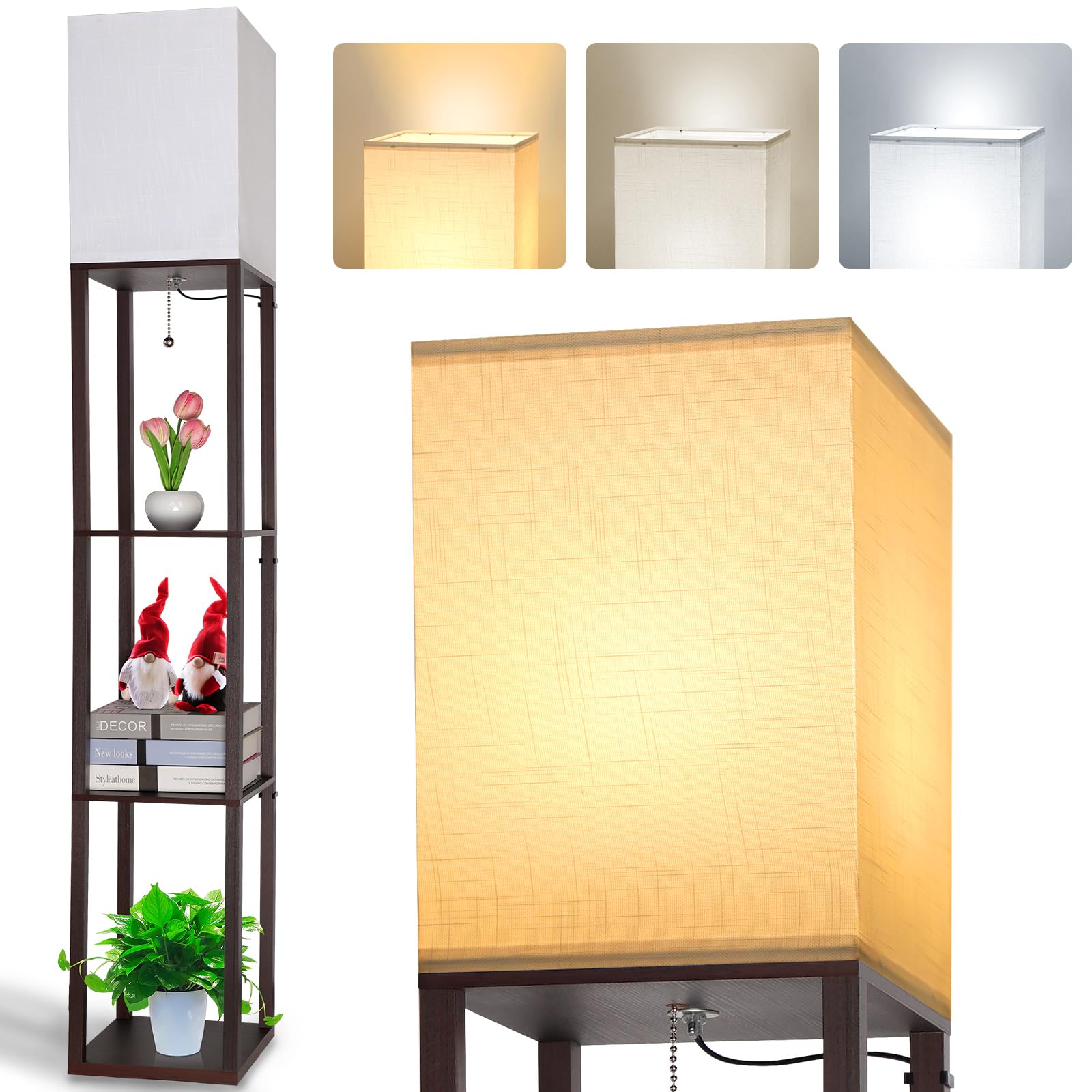 LED Lampada da Terra in Legno Marrone con Ripiano