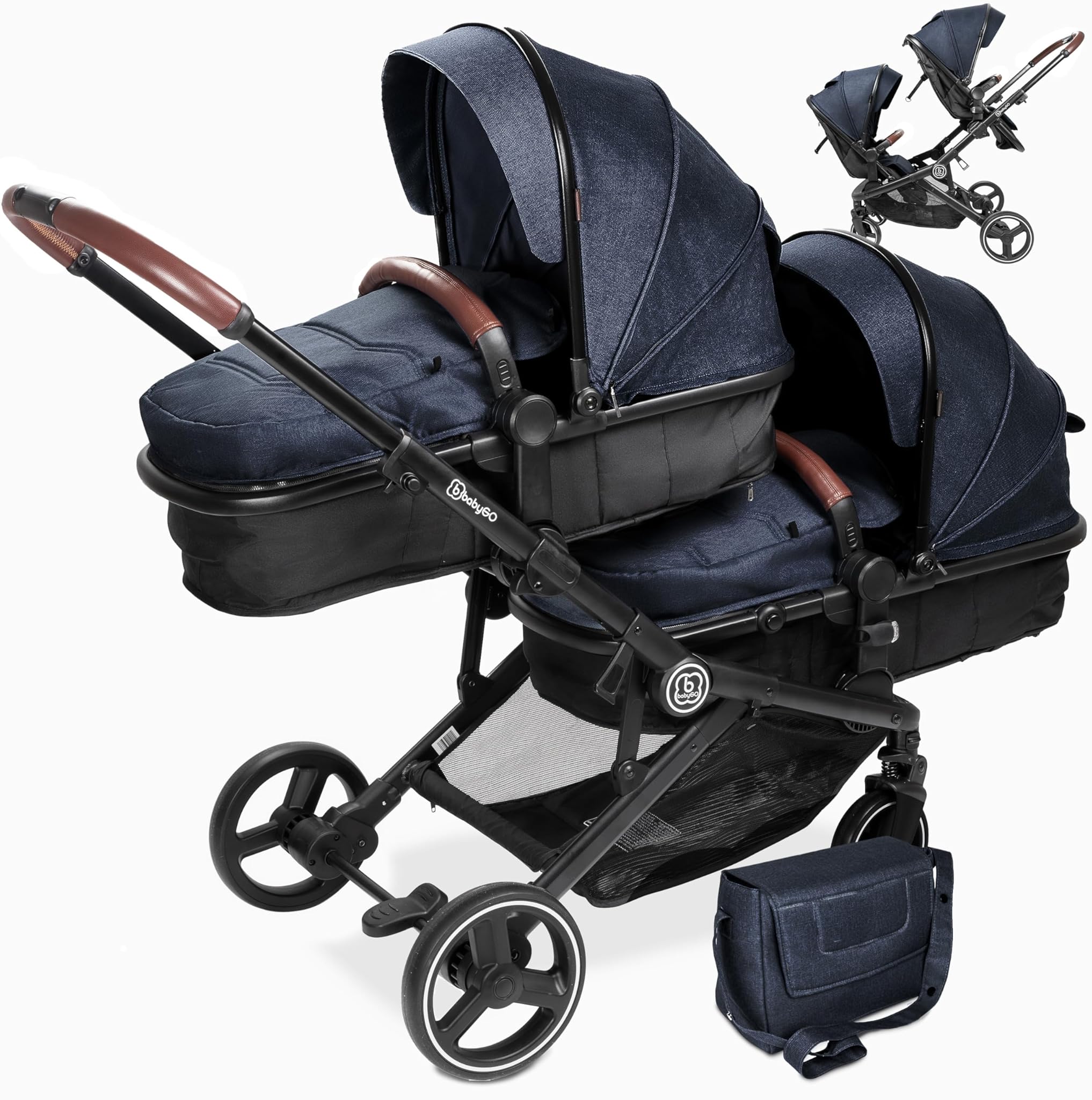 babyGO Passeggino gemellare 3 in 1 per gemelli, passeggino gemellare, per 2 bambini, con molti accessori, colore: grigio antracite melange-senza navicella