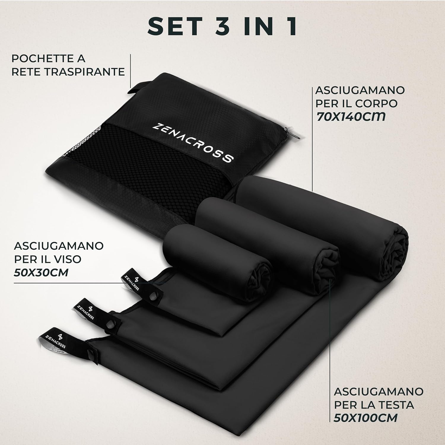 Asciugamano Palestra Microfibra (Set di 3), Nero - immagine 5