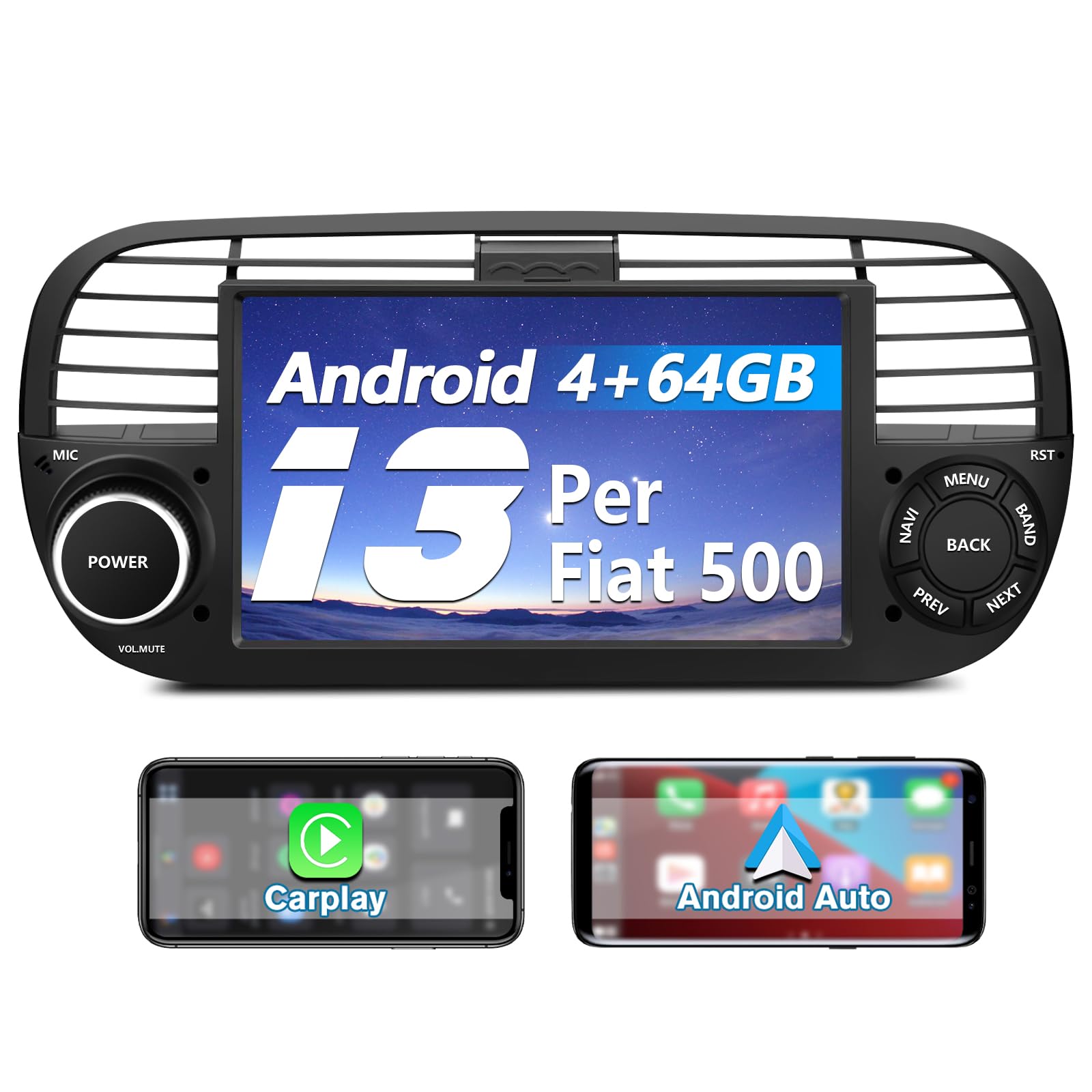 Awesafe Android 13 Autoradio per FIAT 500 (2007-2015)