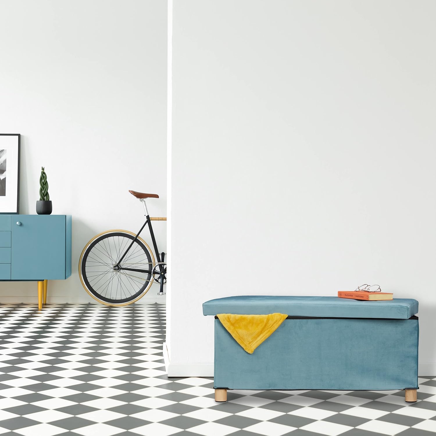 Relaxdays Pouf con Contenitore e Vassoio, Velluto Turchese - immagine 2