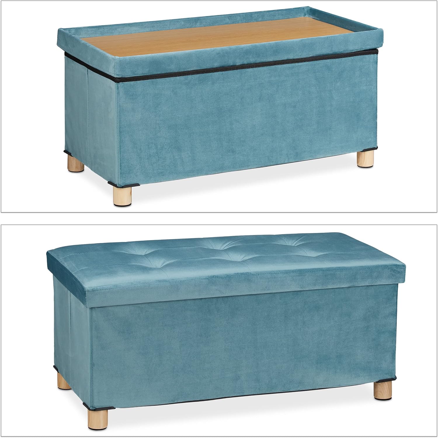 Relaxdays Pouf con Contenitore e Vassoio, Velluto Turchese - immagine 7