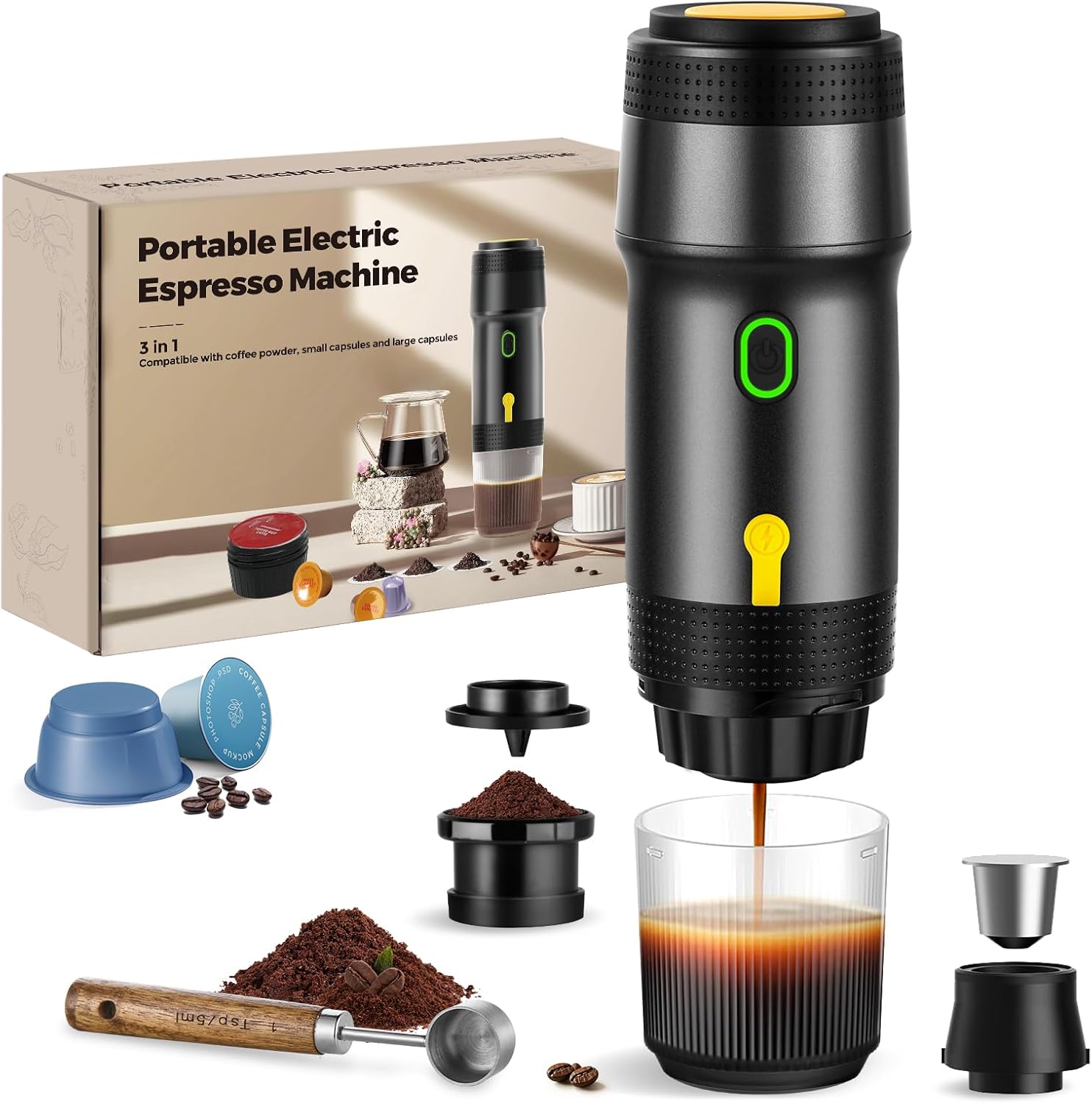 Icare Macchina Caffè Espresso Portatile 3-in-1, Nero