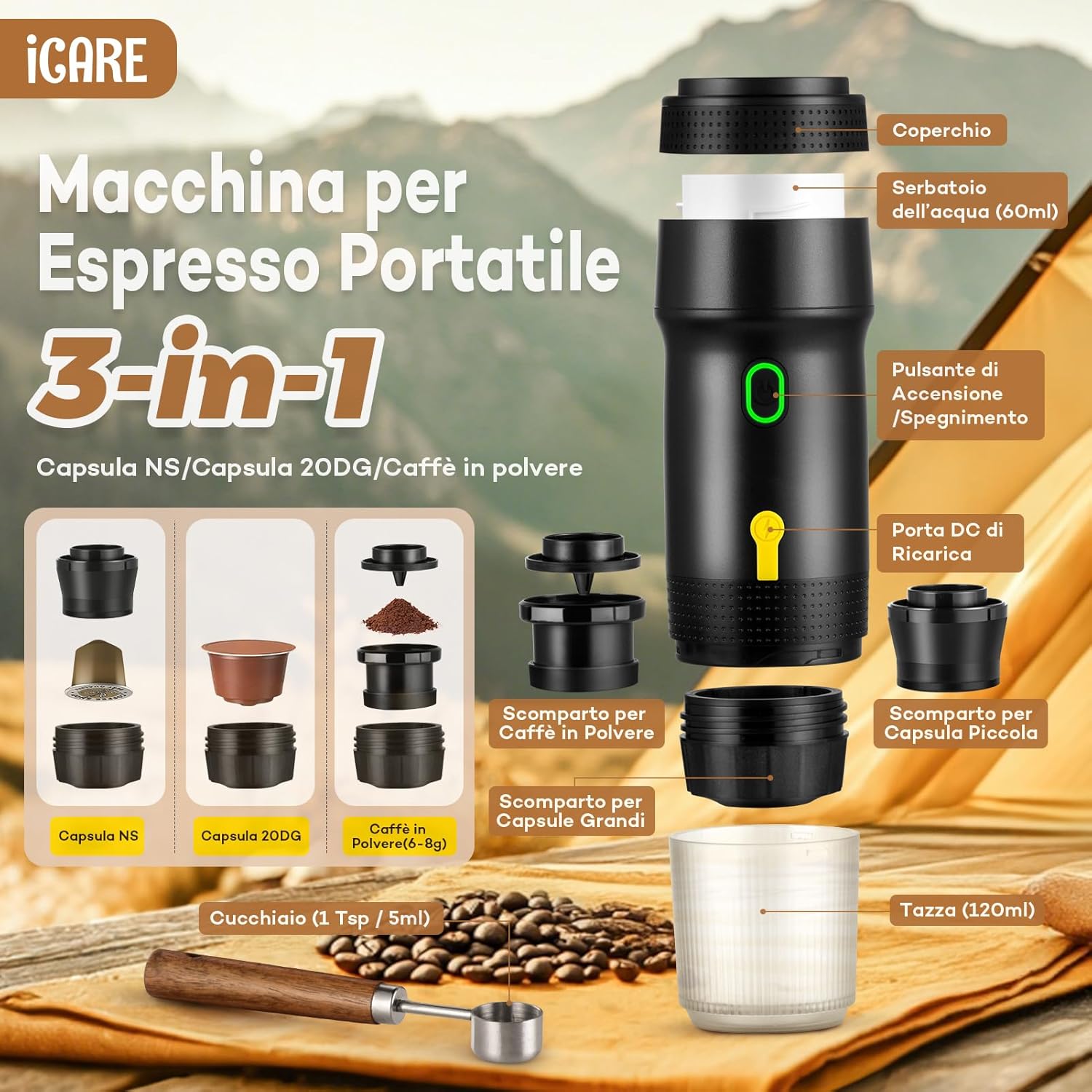 Icare Macchina Caffè Espresso Portatile 3-in-1, Nero - immagine 2