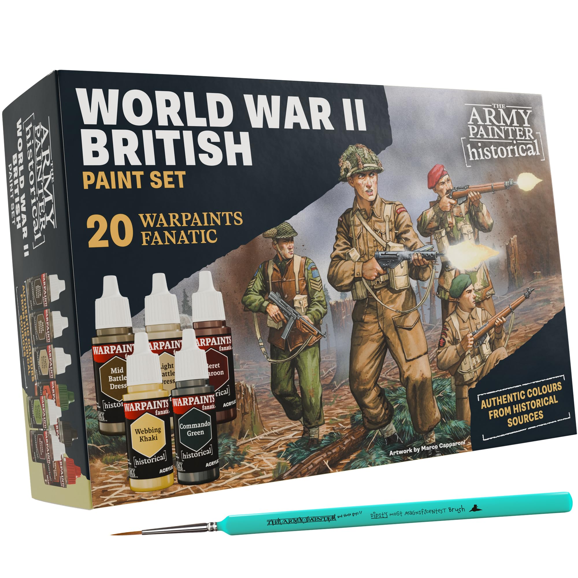 The Army Painter, Historical: WWII British Paint Set Combo, 20 x 18 ml Warpaints Fanatic: 14 acrylic, 4 Washes, 1 Effect, 1 Metallic & 1 Pennello -
