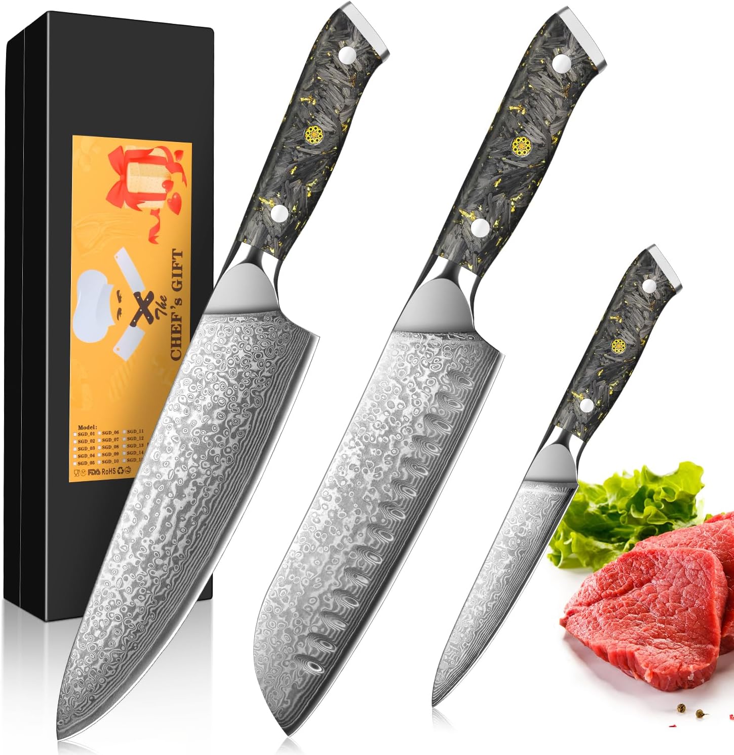 Home Safety Set Coltelli da Cucina Damasco 3 Pezzi - immagine 1