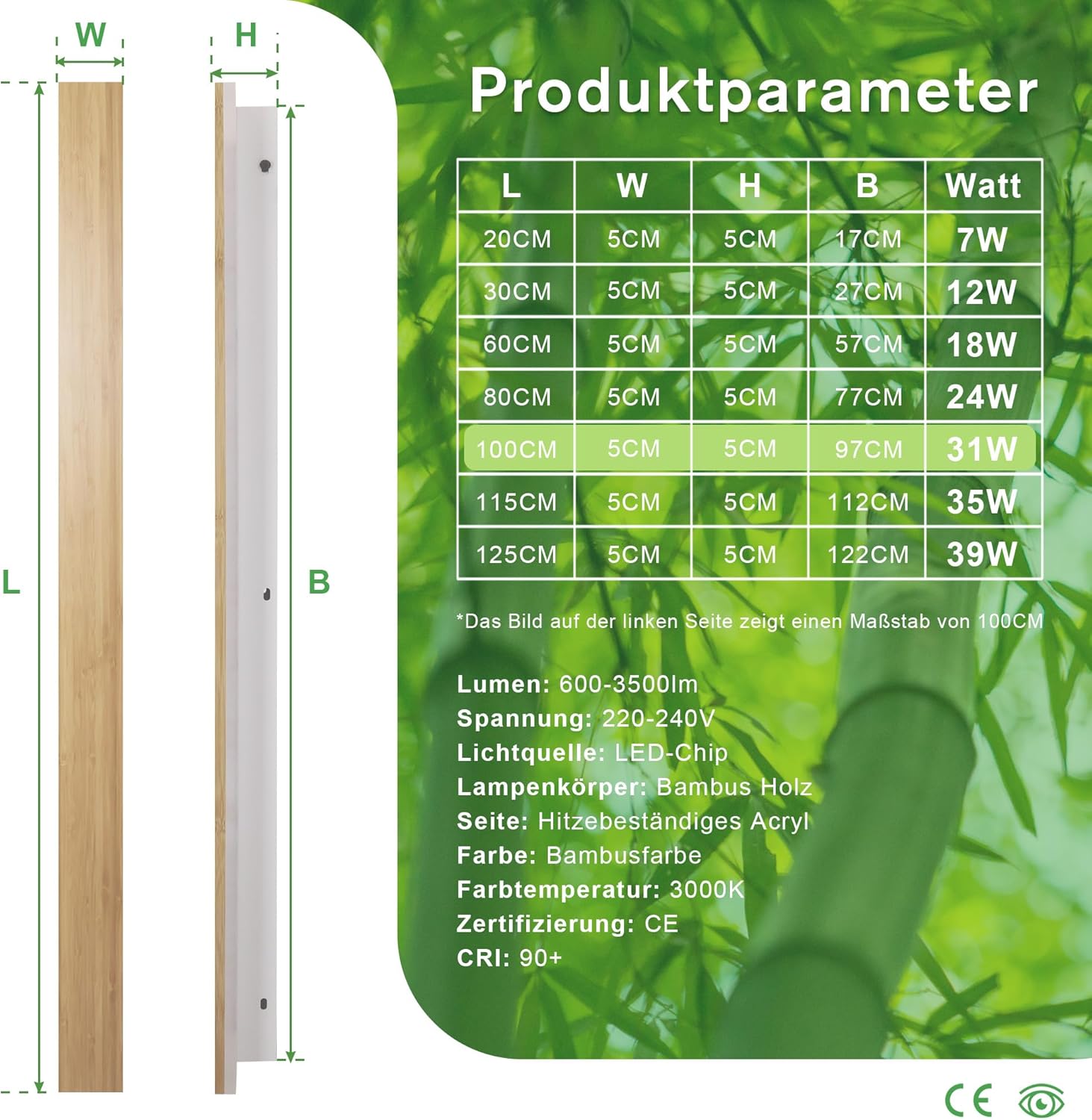 Lampada da Parete Interno LED Lunga in Bambù 35W - immagine 7