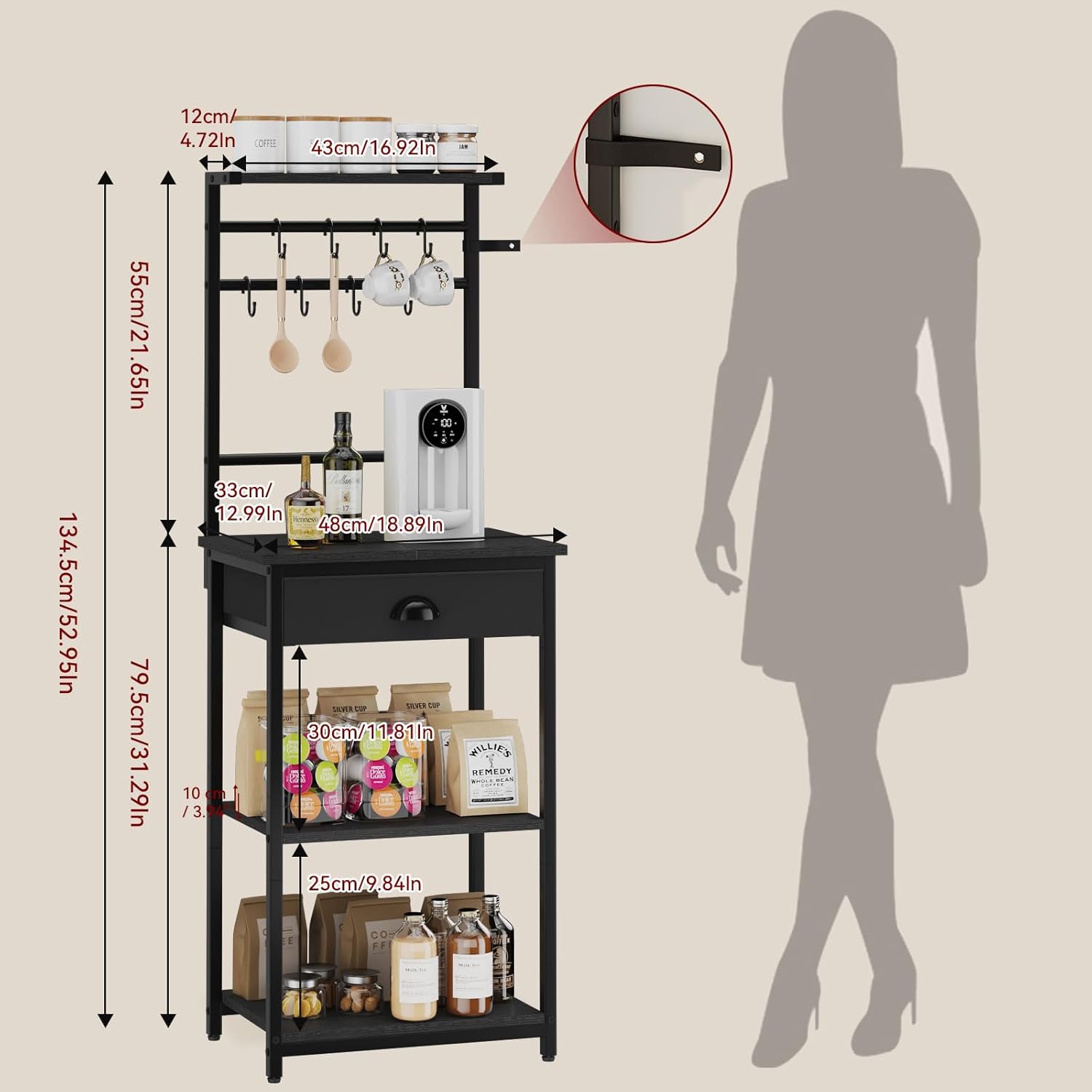 Ymyny Scaffale da Cucina in Legno a 5 Livelli, Nero - immagine 3