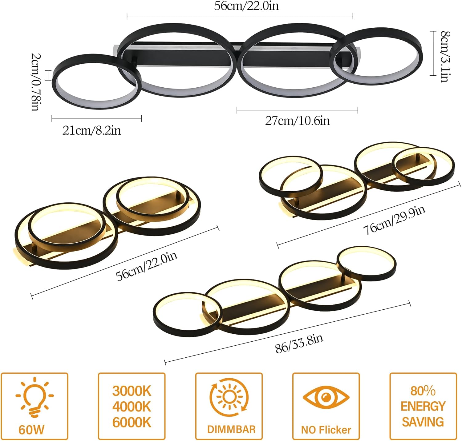 Lampada da Soffitto LED 60W Dimmerabile con Telecomando, Nera - immagine 4