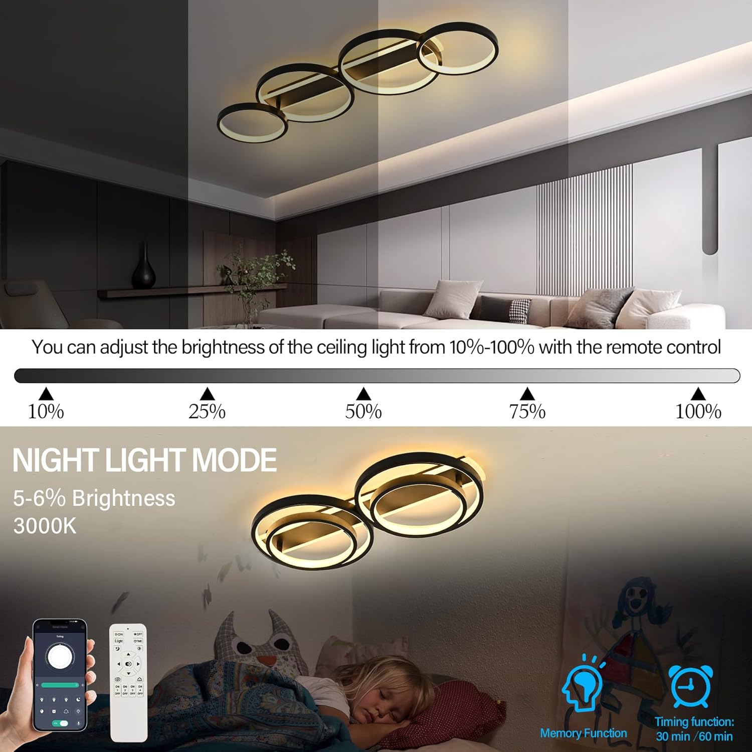 Lampada da Soffitto LED 60W Dimmerabile con Telecomando, Nera - immagine 5