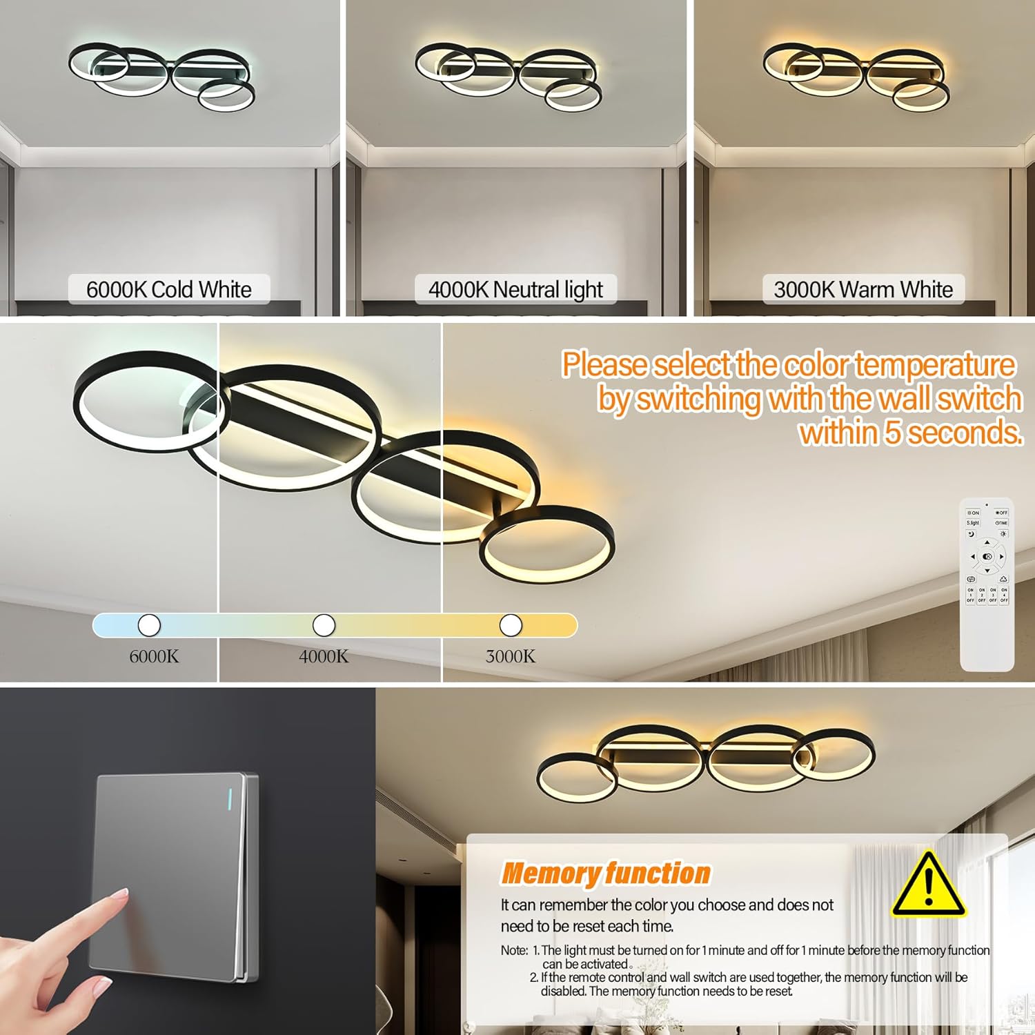 Lampada da Soffitto LED 60W Dimmerabile con Telecomando, Nera - immagine 6