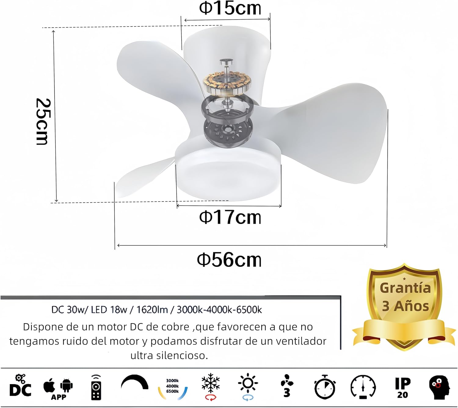 Leduni Ventilatore da Soffitto Silenzioso con Luce LED 56cm - immagine 3