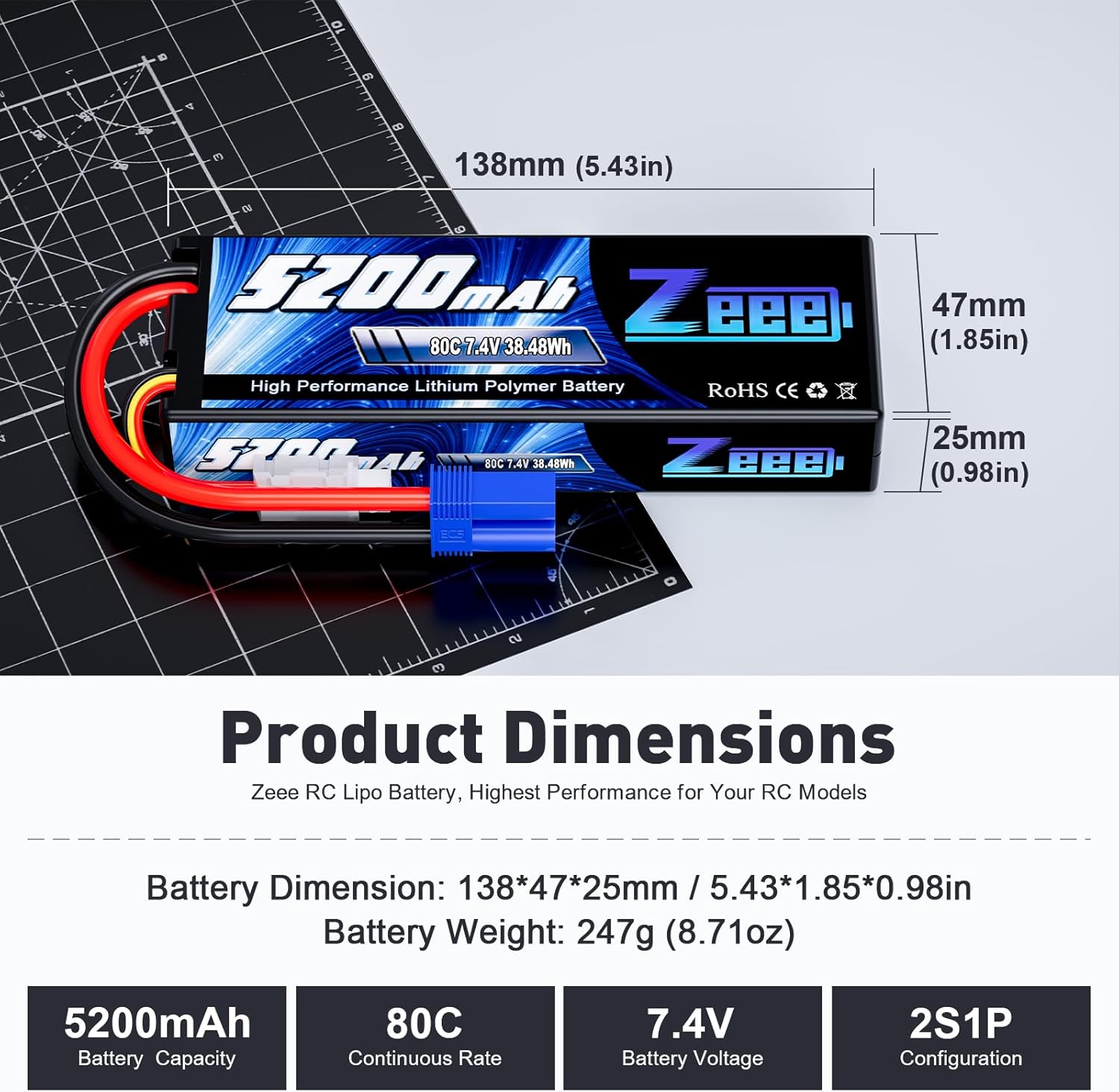 Zeee 2S Lipo Batteria 7.4V 80C 5200mAh Hardcase (2 pezzi) - immagine 2