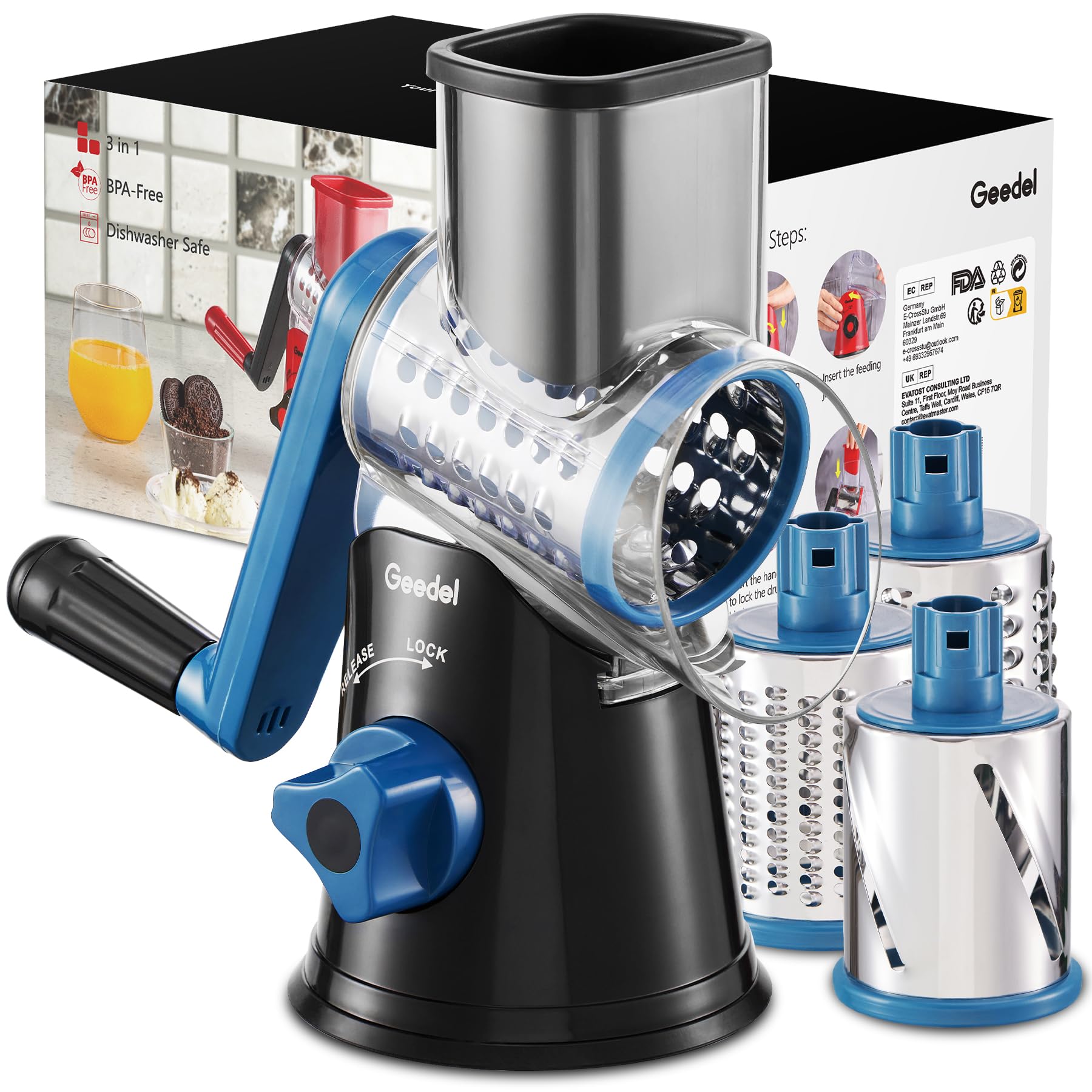 Grattugia per Cibo Geedel Rotante con 3 Lame, Nero