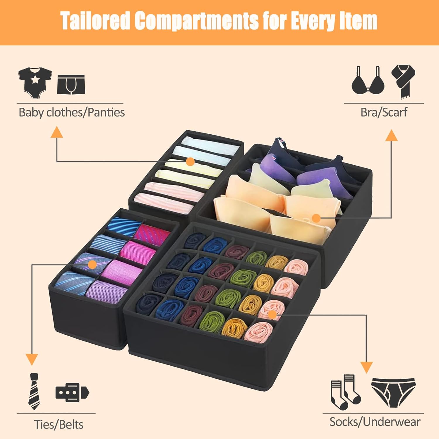 Yucch Set 8 Organizer Cassetti Intimo Pieghevole, Nero - immagine 4