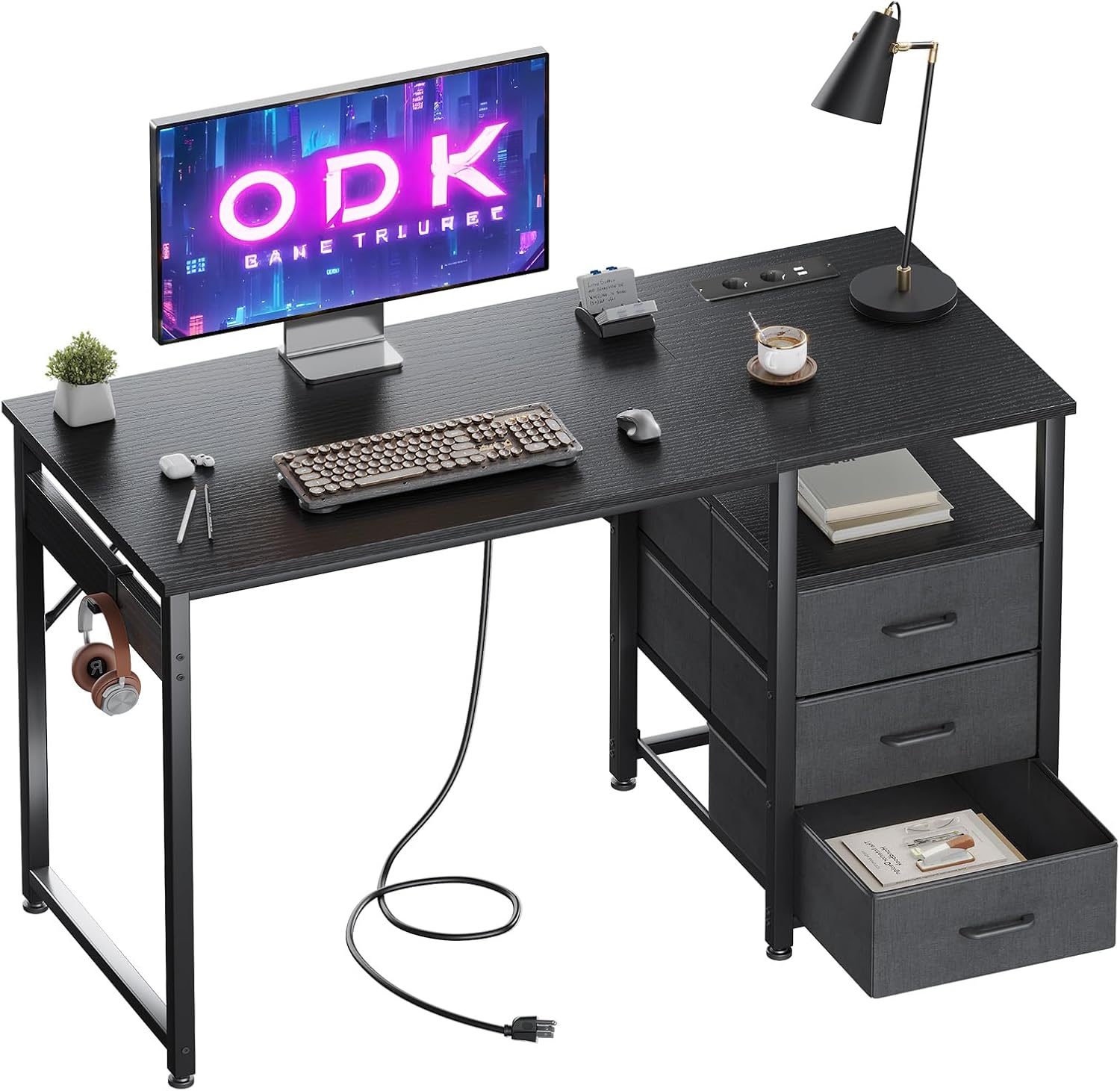 Odk Scrivania con 3 Cassetti e Prese USB, Nera 120x48x75,5 cm