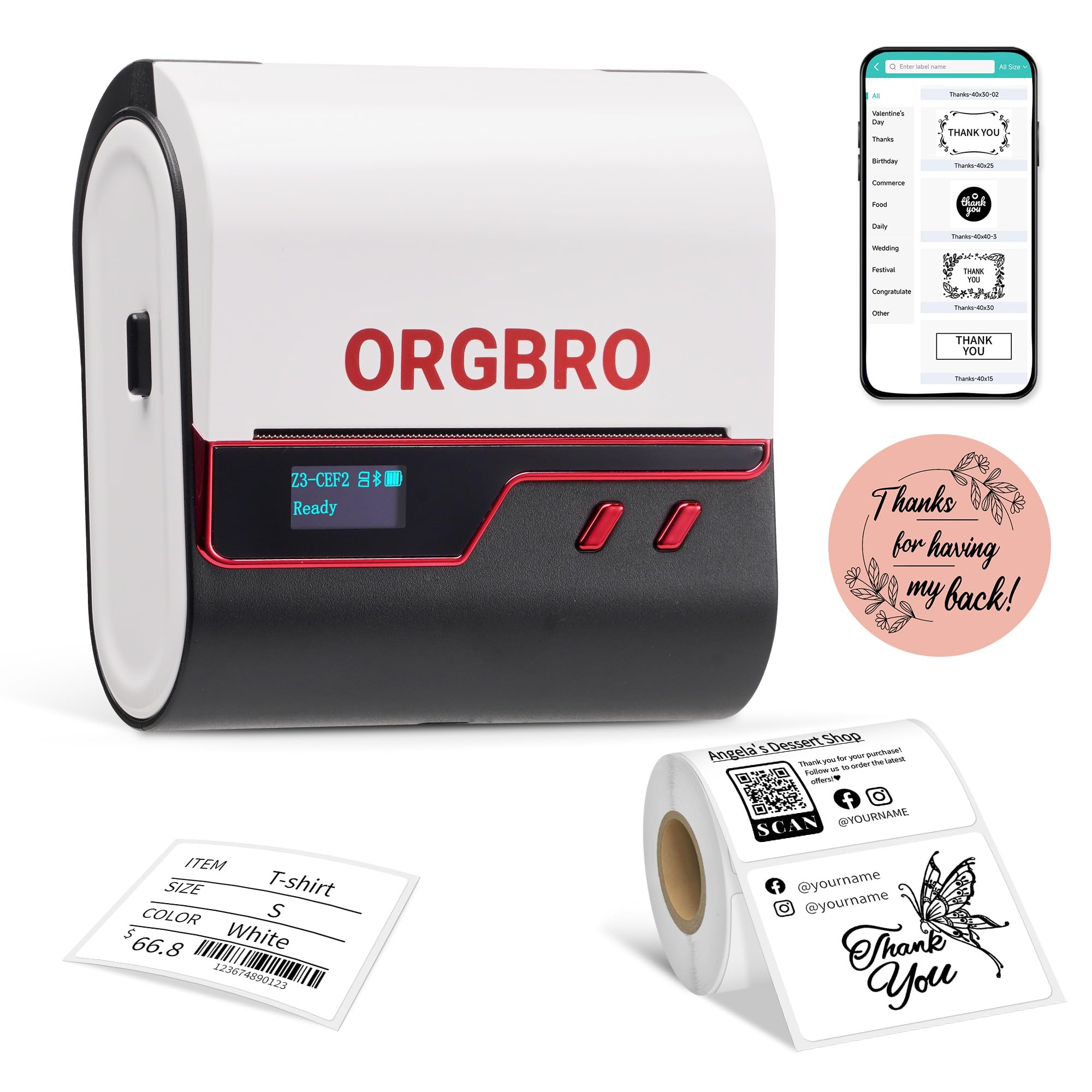 ORGBRO Z3 Stampante Etichette Adesive Termica Etichettatrice Etichette Adesive Personalizzate para Joyería, Supermercado, Pequeñas Empresas con 1 Rollo Blanco de Etiquetas de 50x30 mm, Rojo