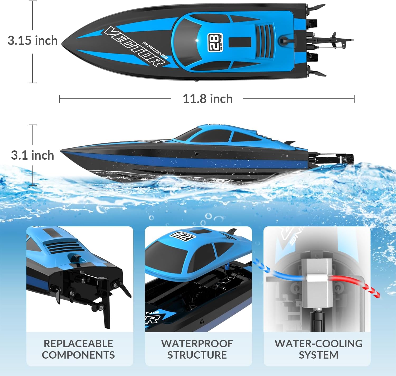 VOLANTEXRC Barca Telecomandata Impermeabile 2,4GHz, Blu - immagine 7