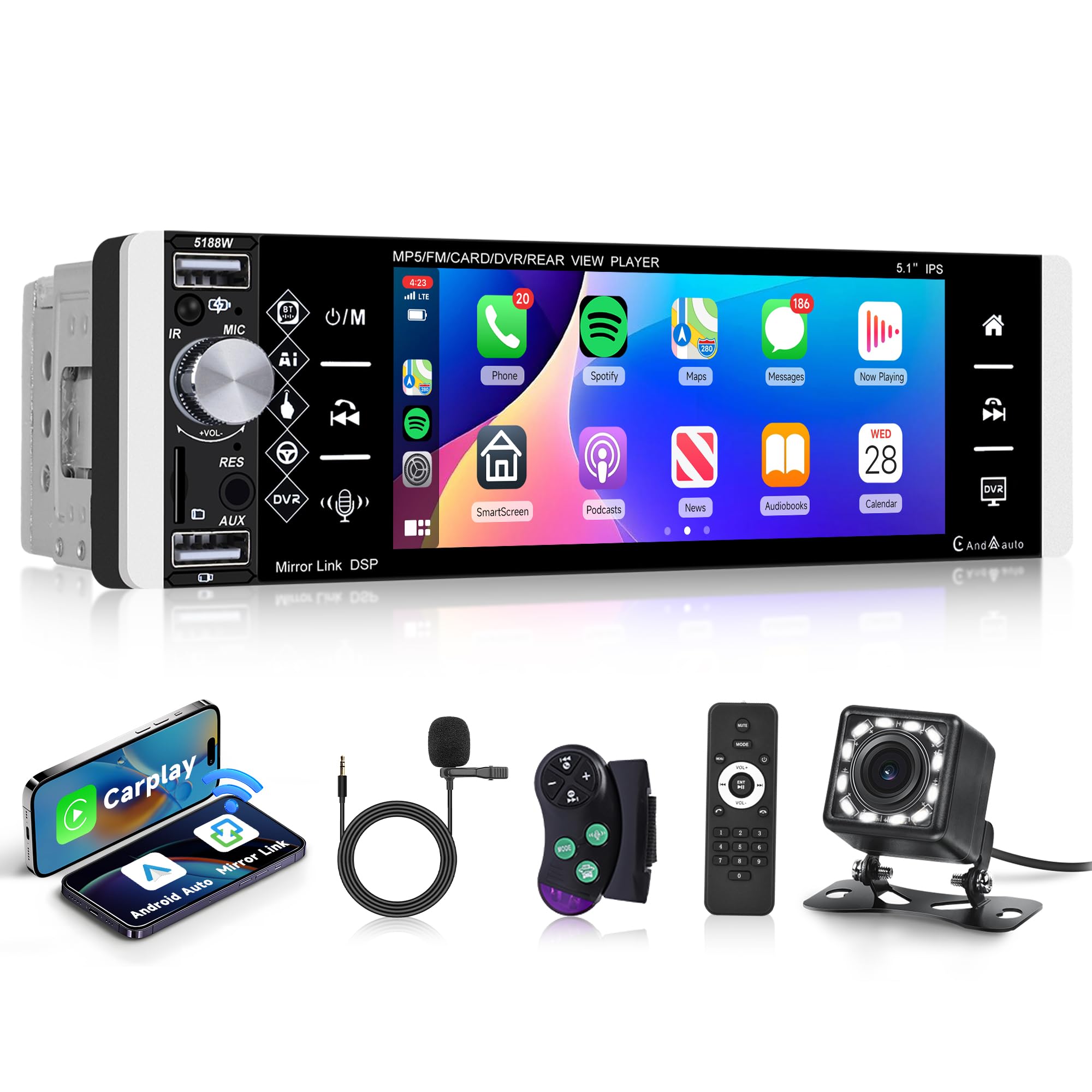 Rimoody Autoradio 1 Din Wireless Carplay Android Auto 5.1"