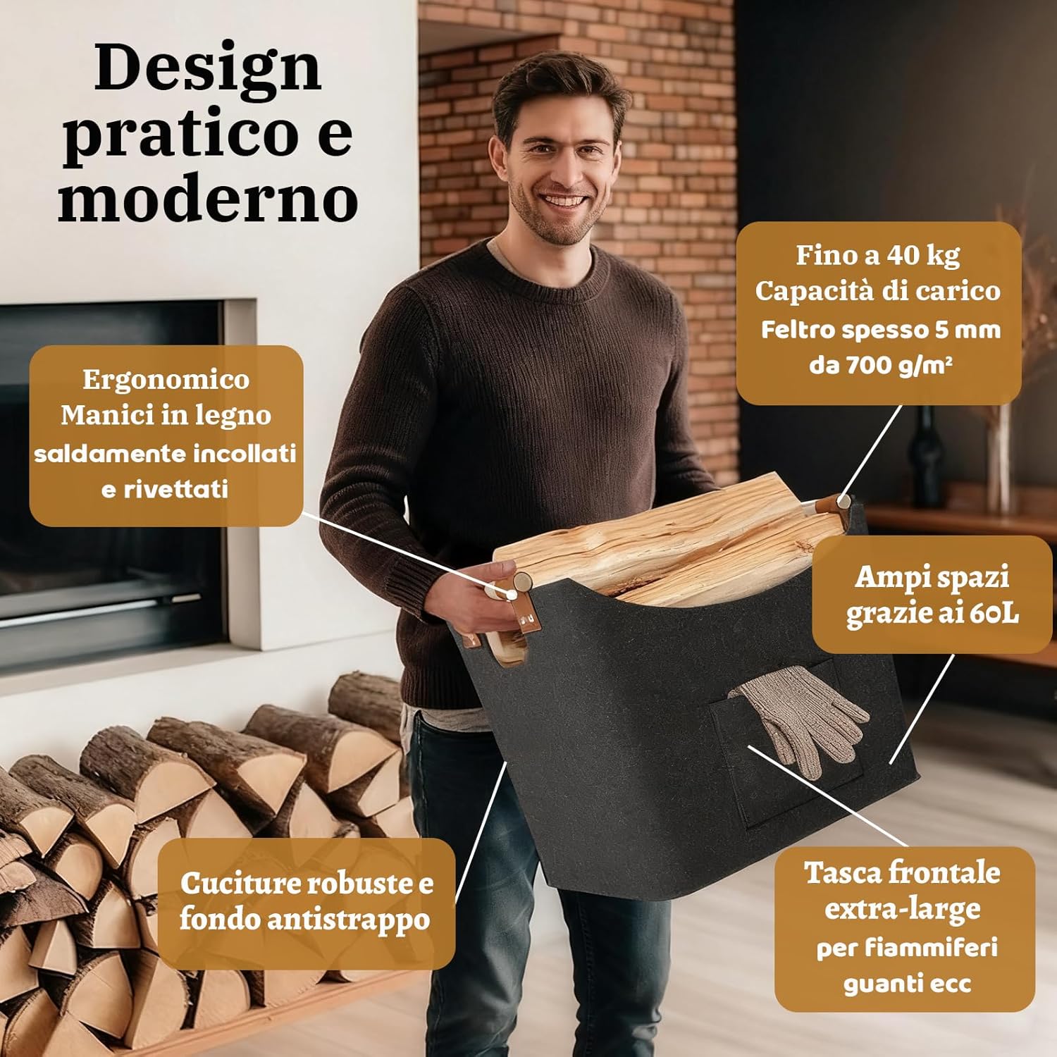 Borsa in Feltro XL per Legna da Ardere - immagine 4