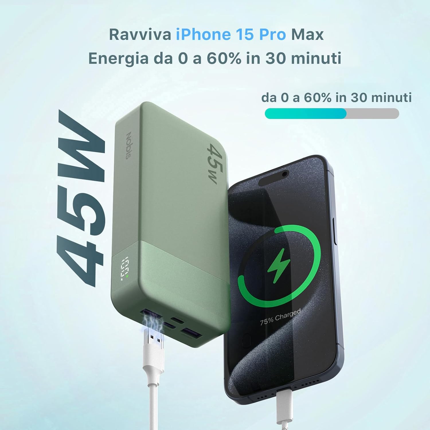 Nobis Power Bank 20000mAh 45W Fast Charging, Verde - immagine 2