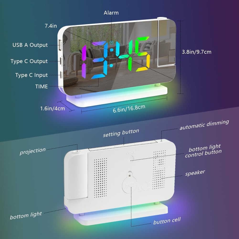 Sveglia con Proiezione e Schermo LED, Porta USB-C - immagine 2
