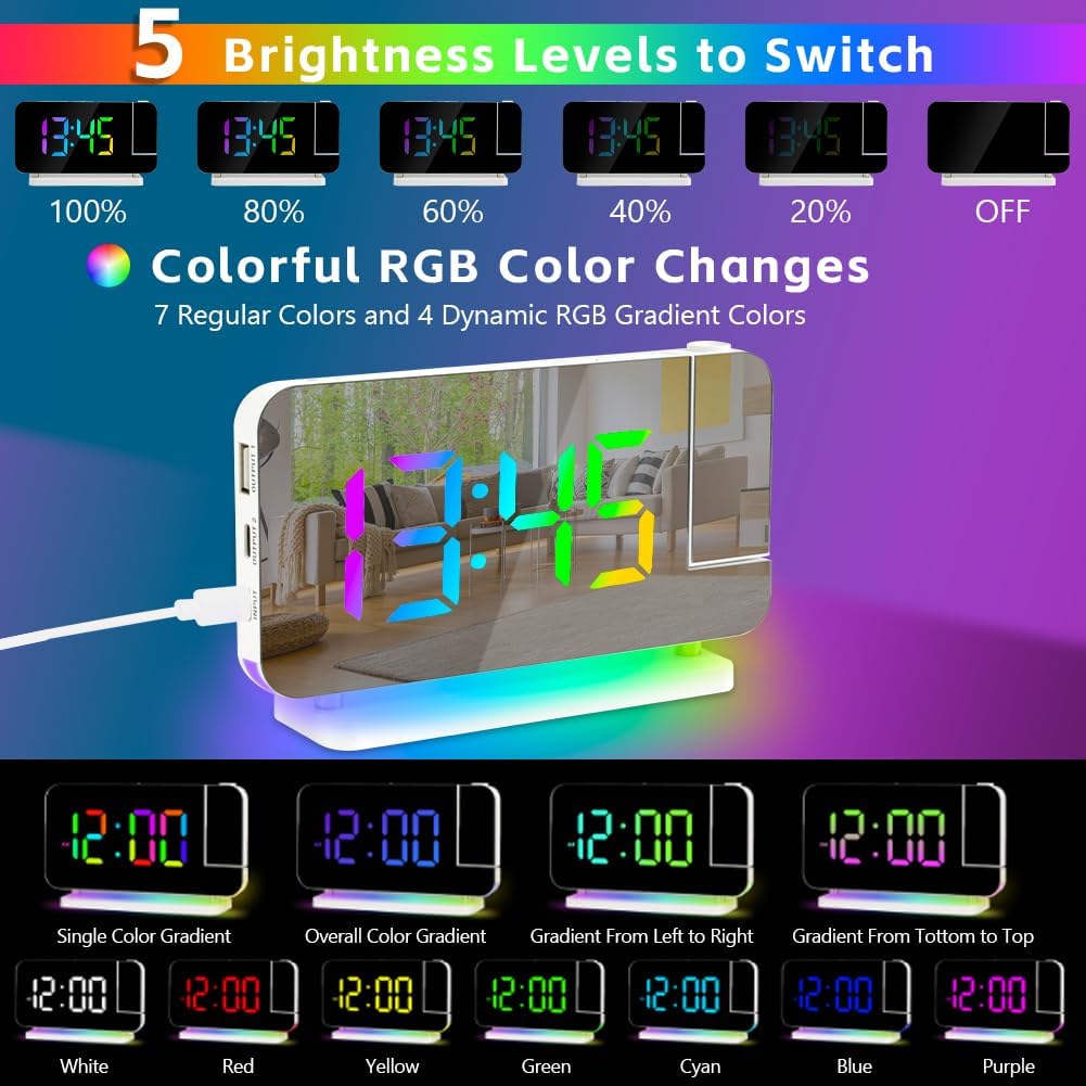 Sveglia con Proiezione e Schermo LED, Porta USB-C - immagine 4