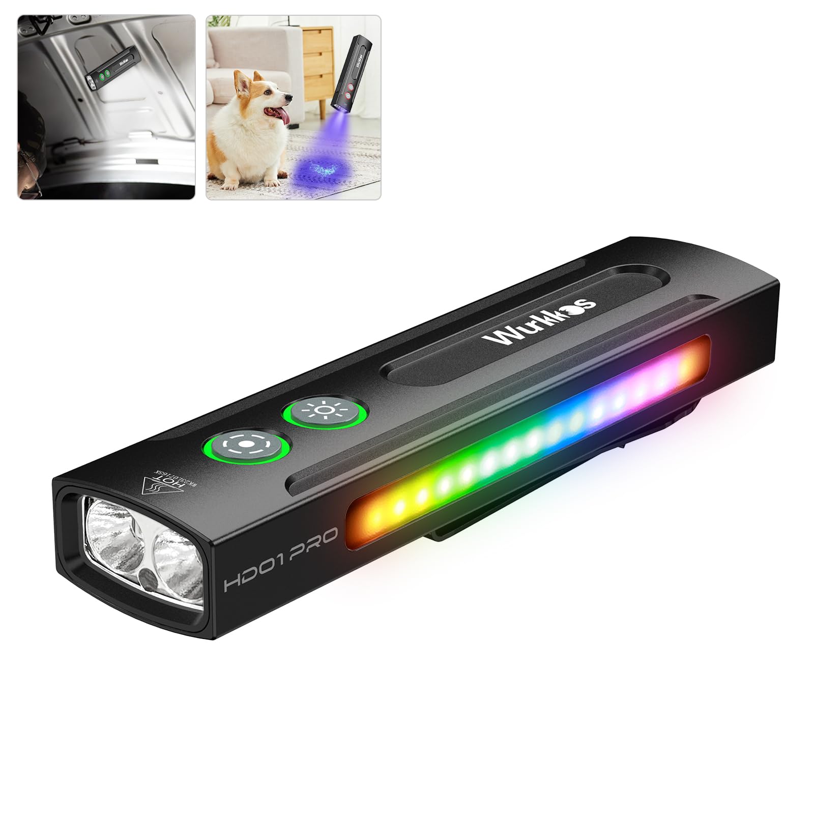 Wurkkos HD01 Pro Torcia elettrica ricaricabile, torcia elettrica EDC con luce bianca, UV 365nm, 360° RGB, torcia elettrica piatta da 1200 lumen, luce tascabile per esterni