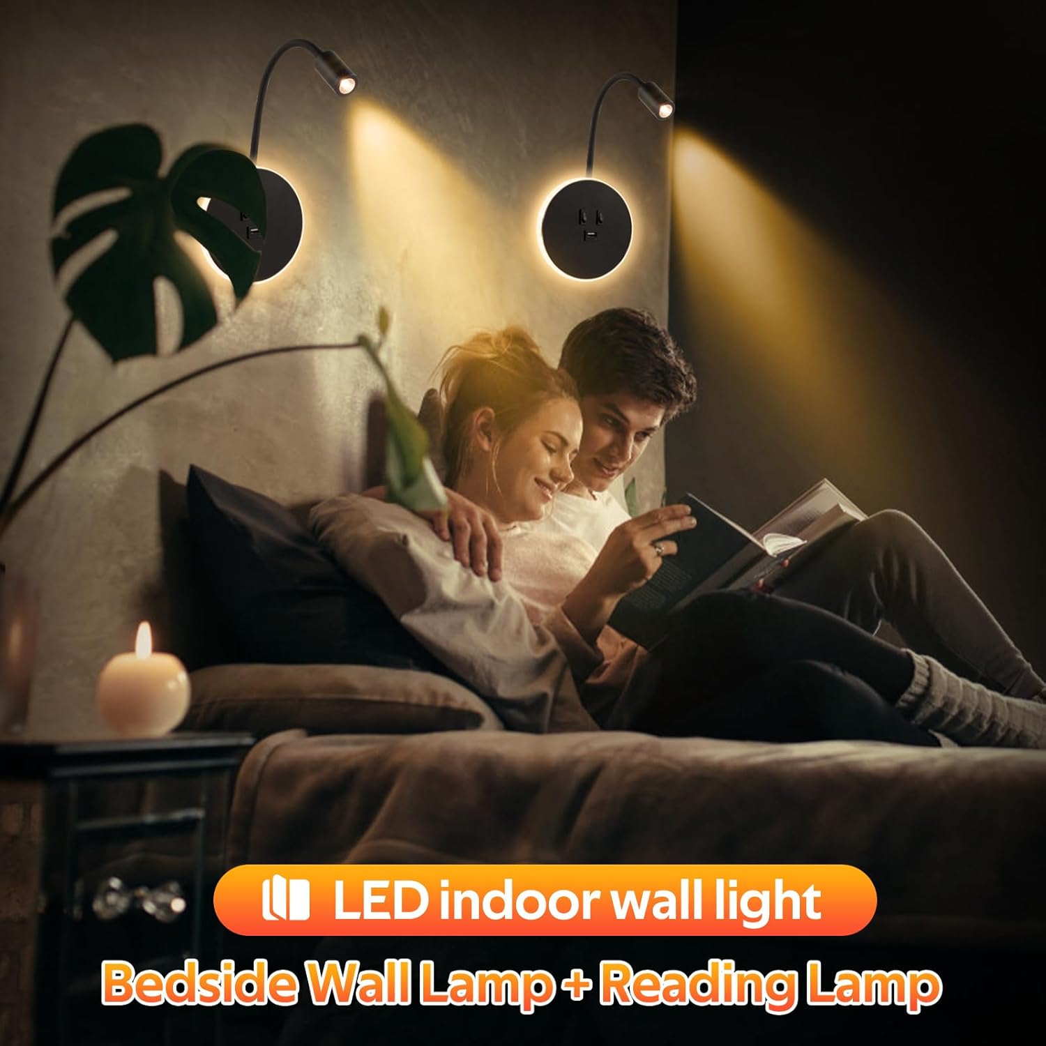 Lampada Parete LED 2pcs con USB e Interruttore, Nera - immagine 2