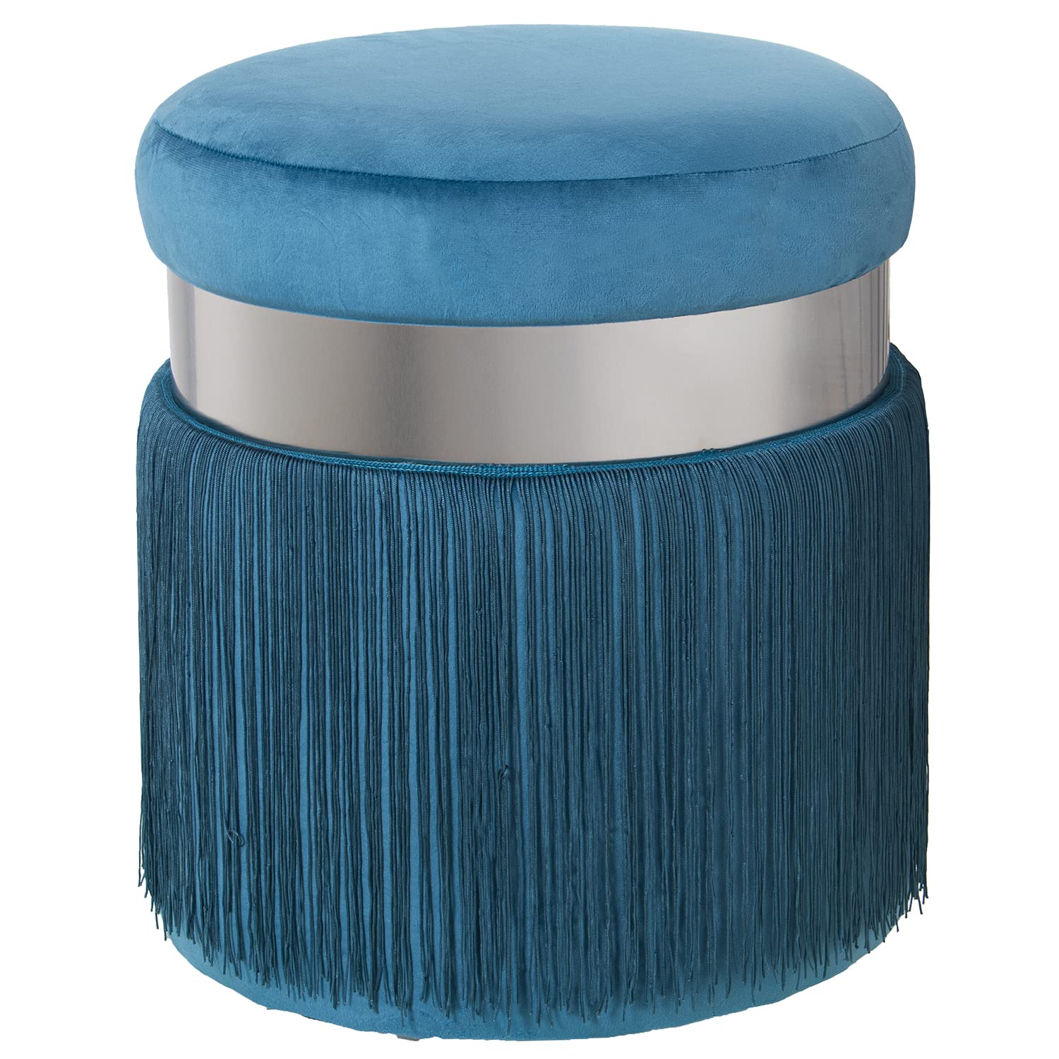 Drw - Pouf Rotondo Velluto con Frangia, Blu e Argento