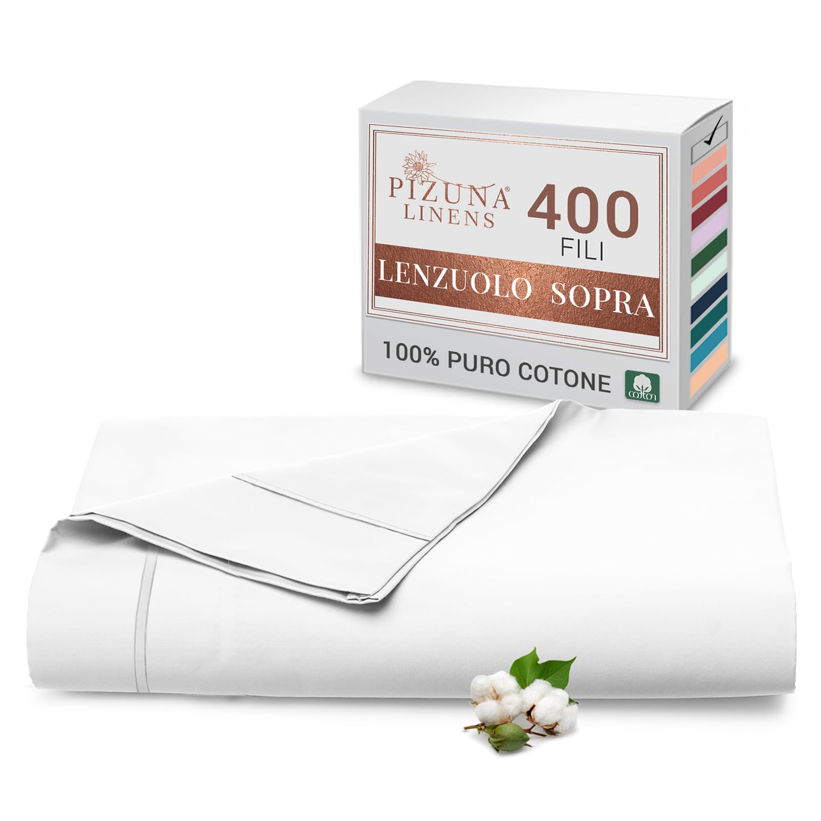 Pizuna Lenzuolo Sopra Matrimoniale Cotone 400 Fili, Bianco