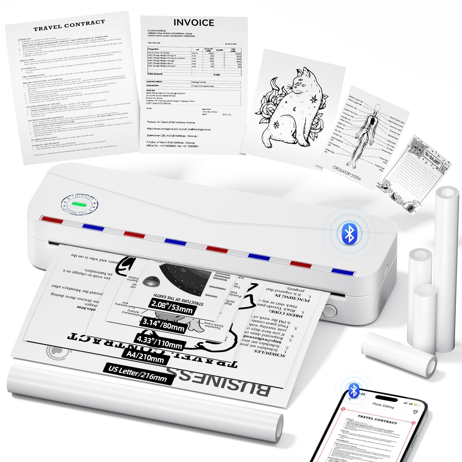 Phomemo M836 Stampante Portatile, Stampante Termica Senza Inchiostro A4, Connessione Bluetooth e USB, per Viaggi, Lavo
