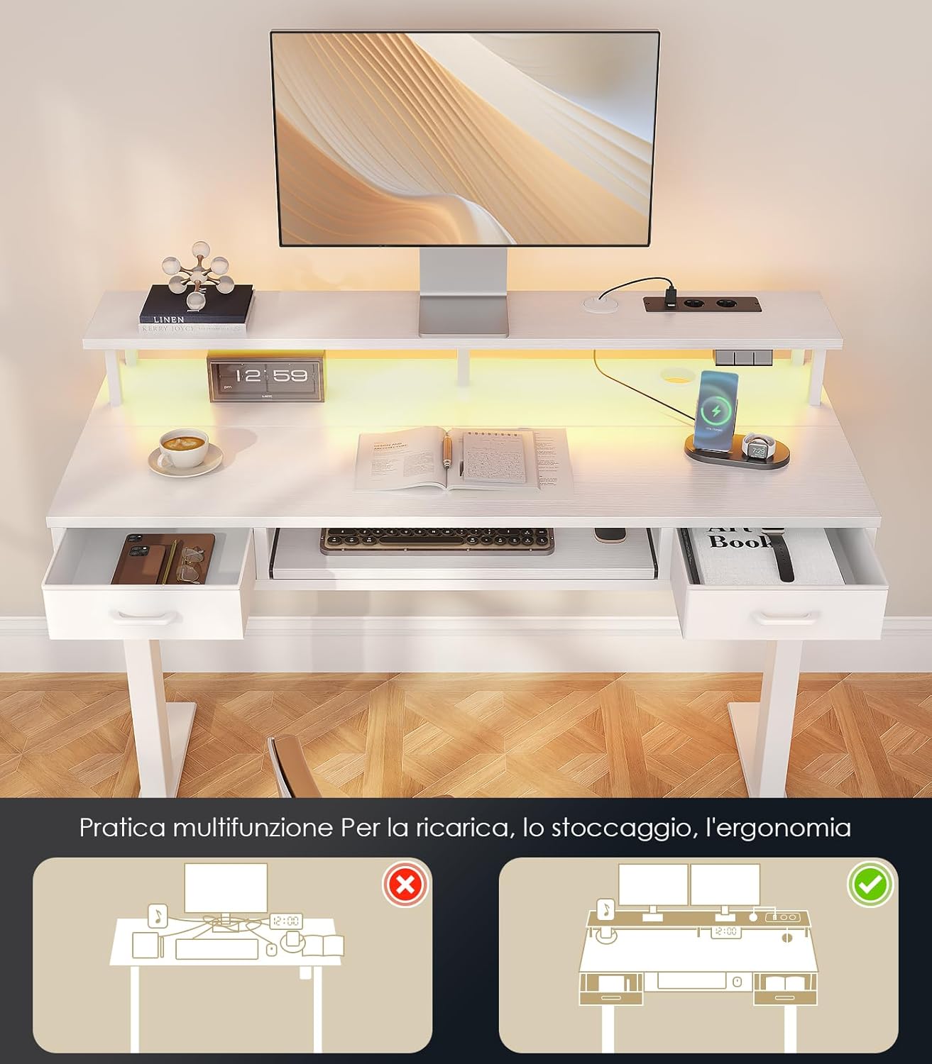 Offigo Scrivania Elettrica Regolabile con Cassetti, Bianco - immagine 7