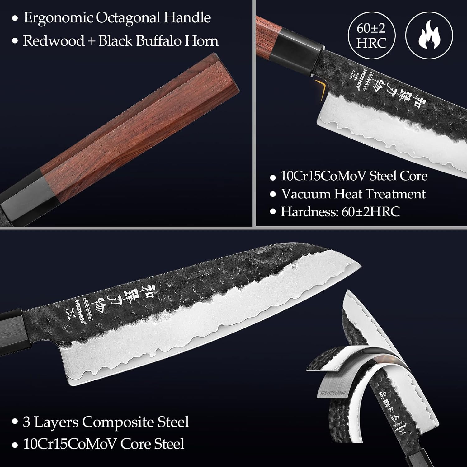 Hezhen Coltello Santoku 18,5cm Acciaio Rivestito - immagine 5