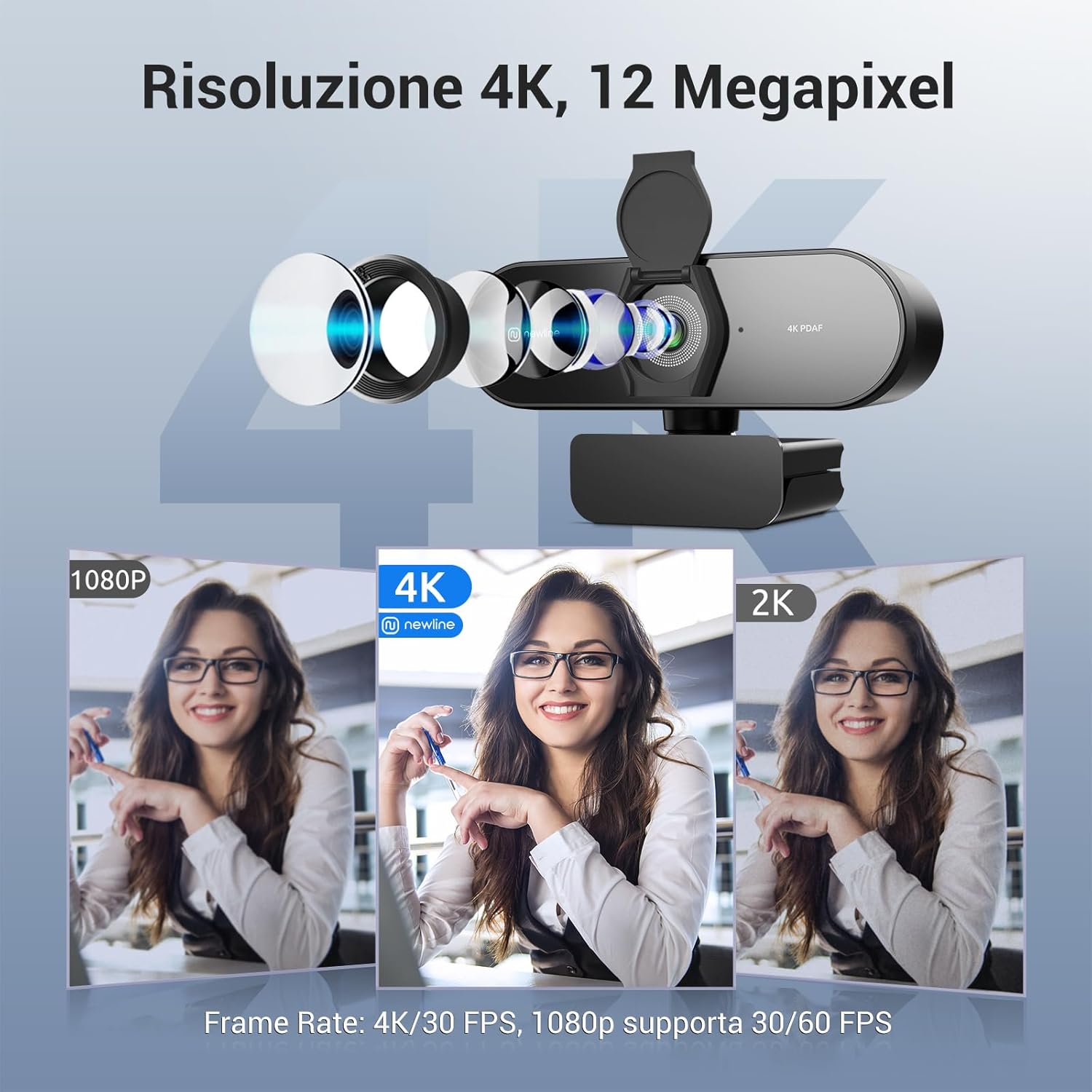 N Newline Webcam PC 4K con 2 Microfoni e Treppiede - immagine 2