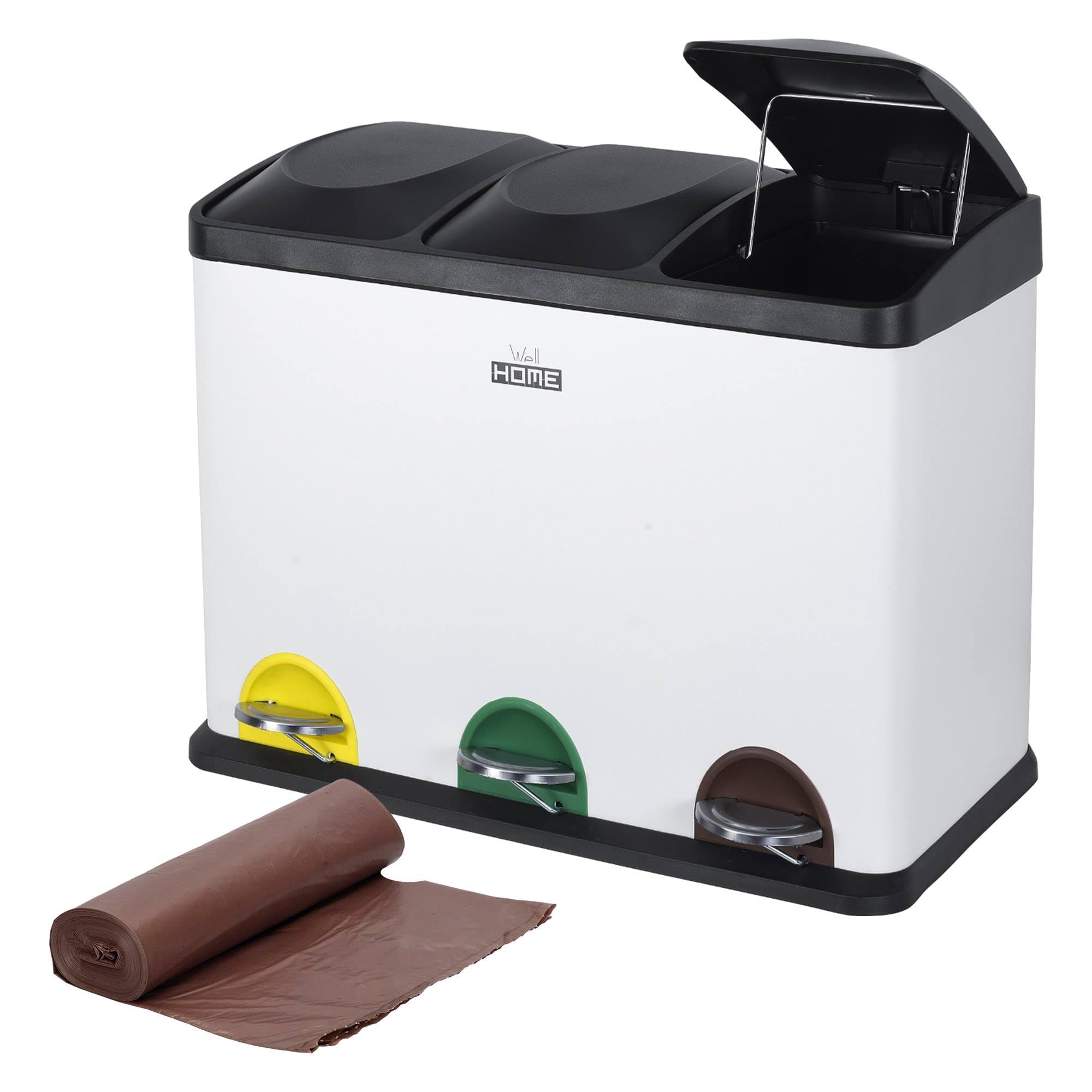 WELL HOME MOBILIARIO & DECORACIÓN Pattumiera bianca 45 l 3 scomparti + rotolo di 20 sacchetti immondizia autobloccanti da 20 litri