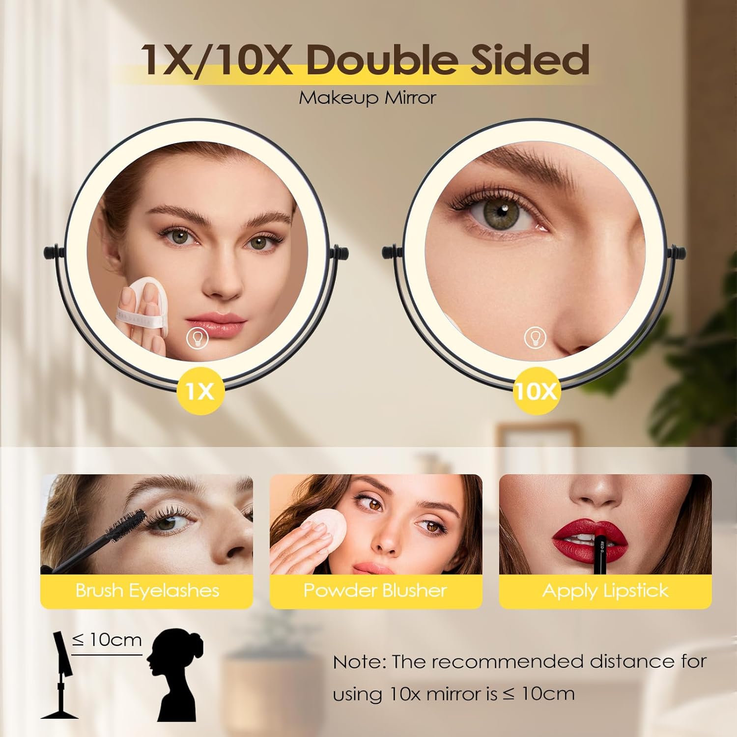 Cuteefun Specchio Trucco con Luci e Ingrandimento 10X, Nero - immagine 3