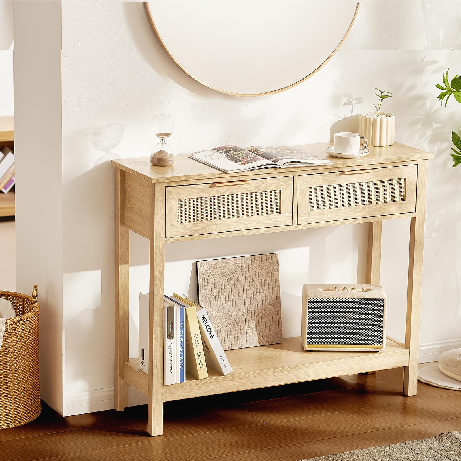 Vevor Tavolo Consolle Rattan con 2 Cassetti, Naturale