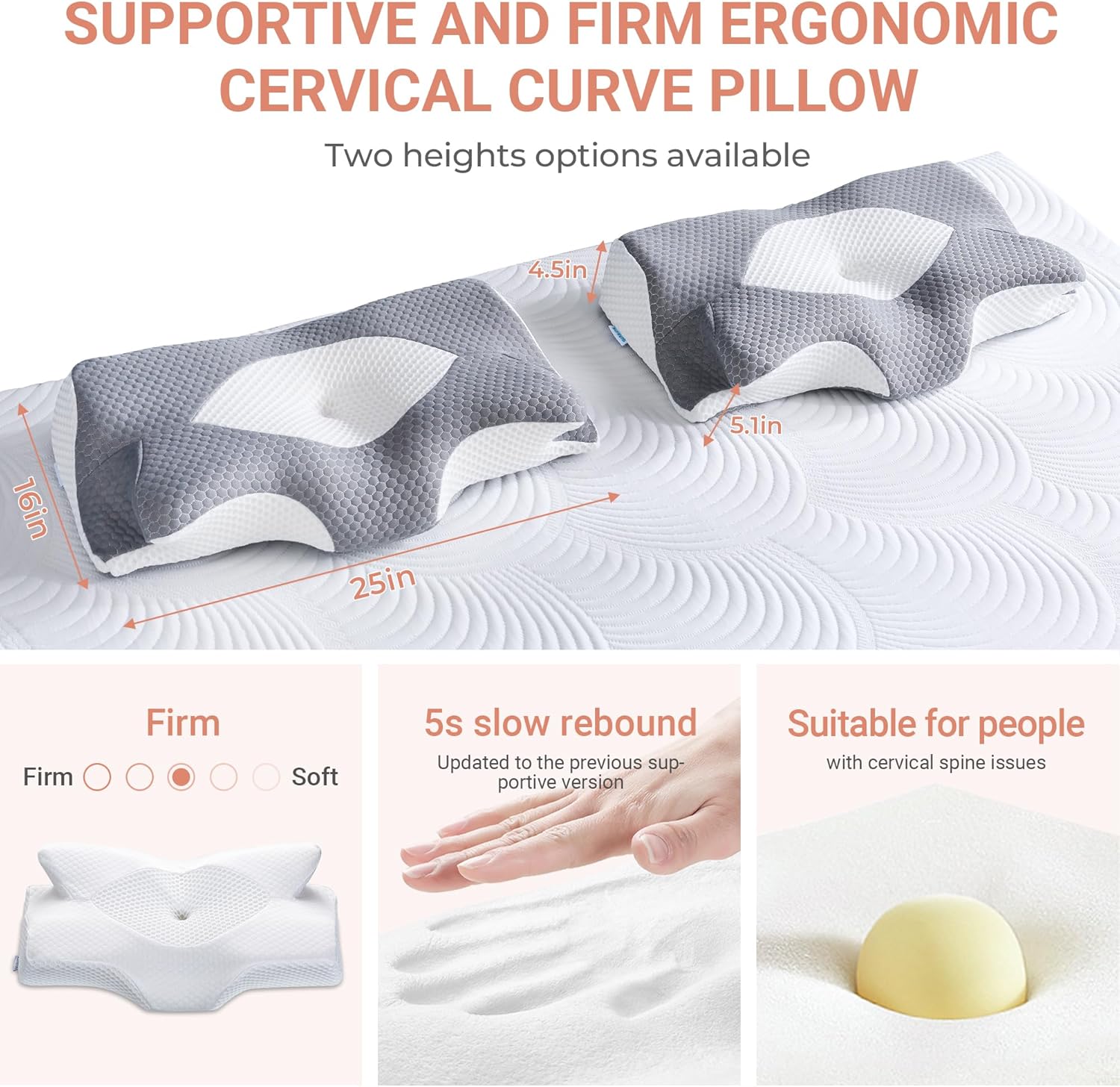 Cuscino Cervicale Ortopedico Memory Foam 64x40cm, Bianco - immagine 3