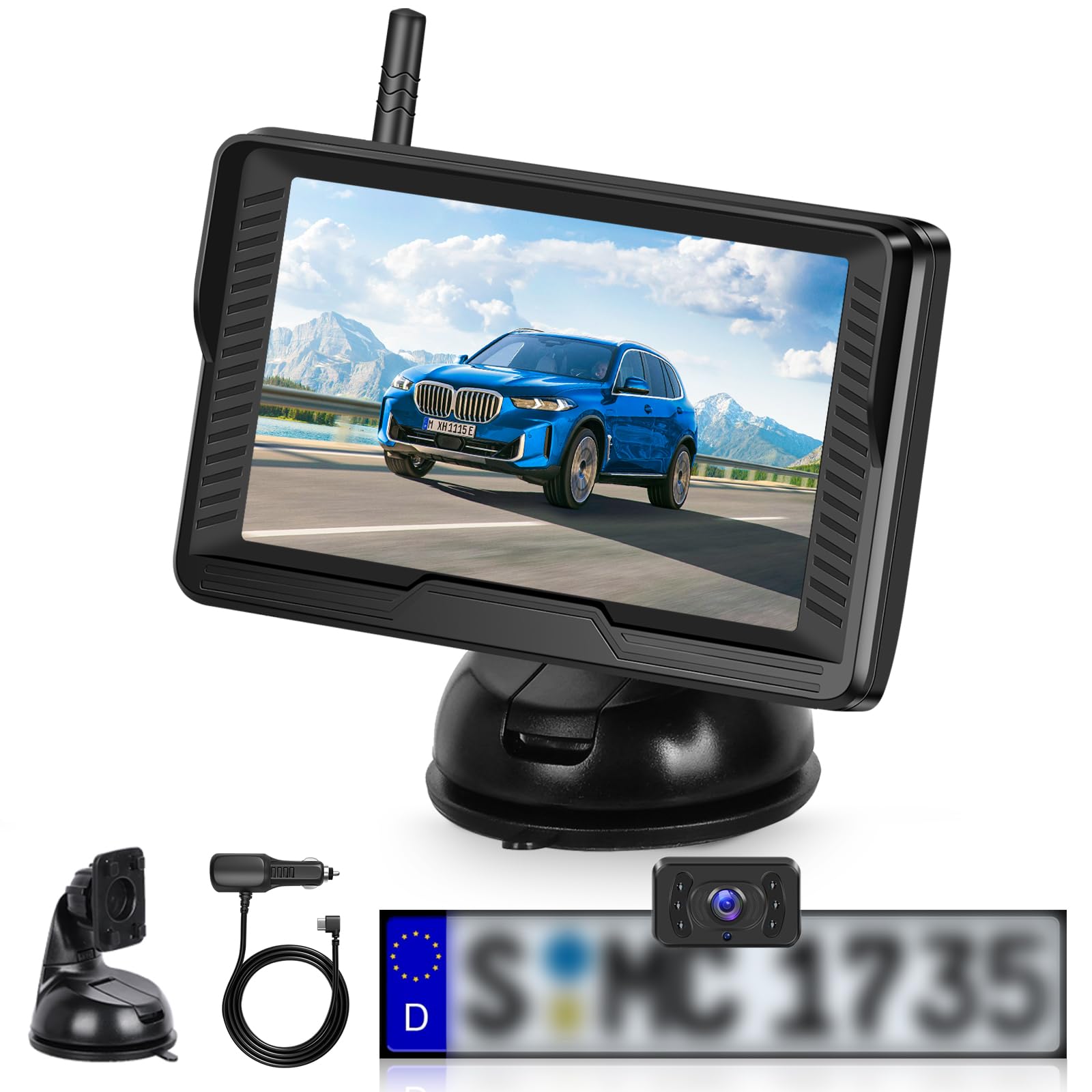 Telecamera Posteriore Senza Fili per Auto, 4,3 Pollici Monitor IPS, Telecamera Posteriore IP69 Impermeabile Visione Notturna Grandangolo Ausilio al Parcheggio con Cornice per Targa Lunga e Corta 12V