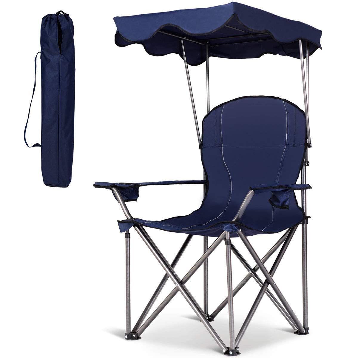 FANTASK Sedia da campeggio con borsa per il trasporto, sedia pieghevole con portabevande, sedia da pesca con tettuccio parasole, sedia pieghevole, ideale per terrazza, spiaggia e campeggio (blu scuro)