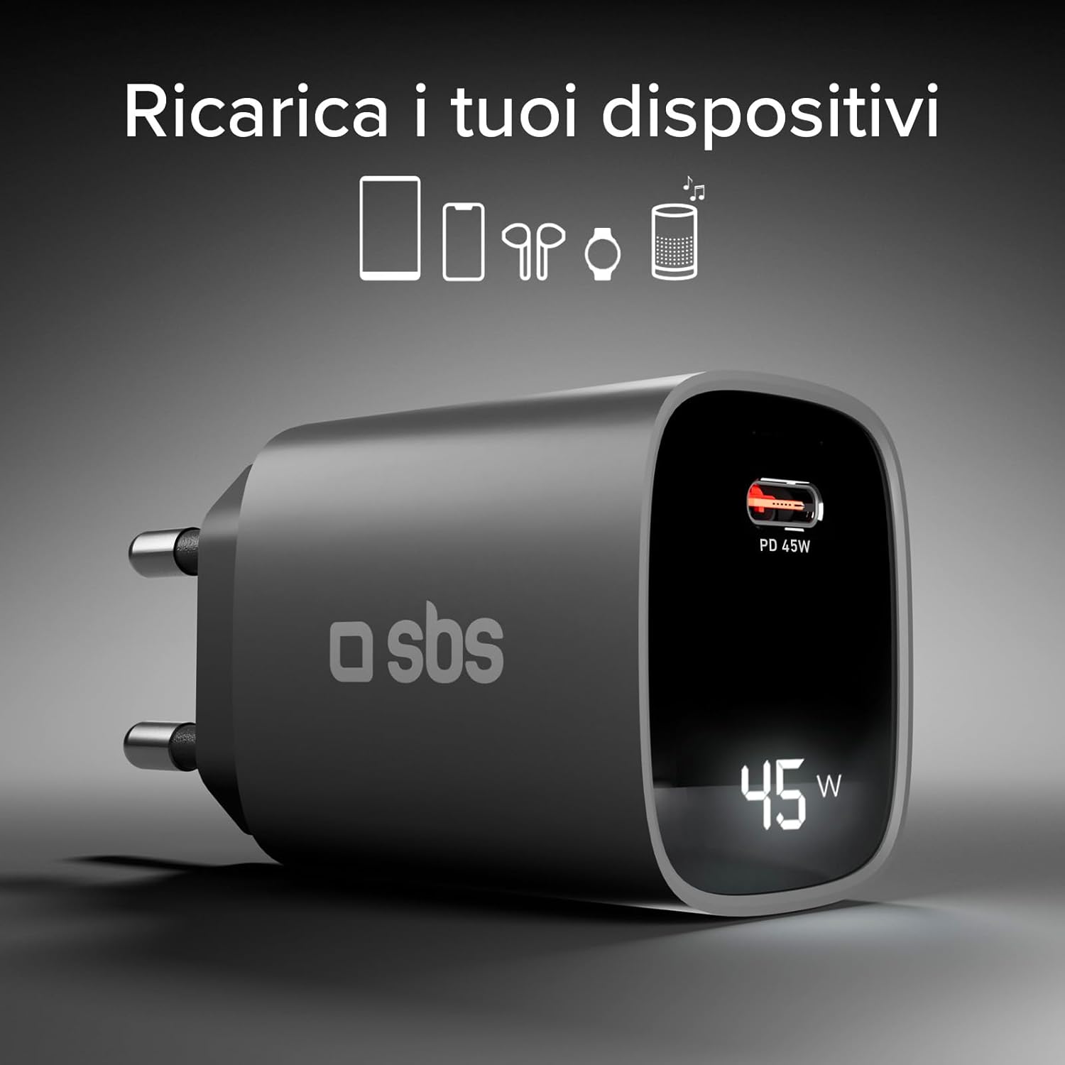 Sbs Alimentatore LCD 45W USB-C GaN, Nero - immagine 8